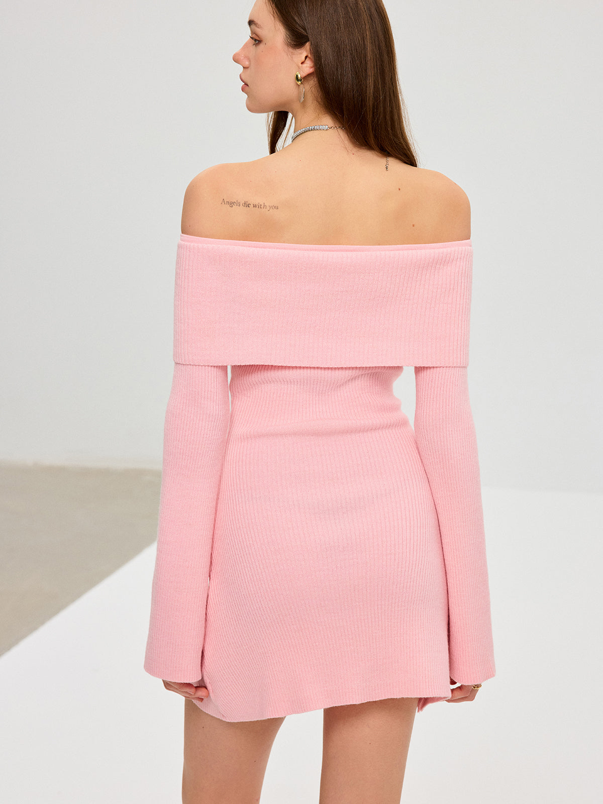 Off-Shoulder Bell Sleeve Wool Blend Mini Dress-Chicvia