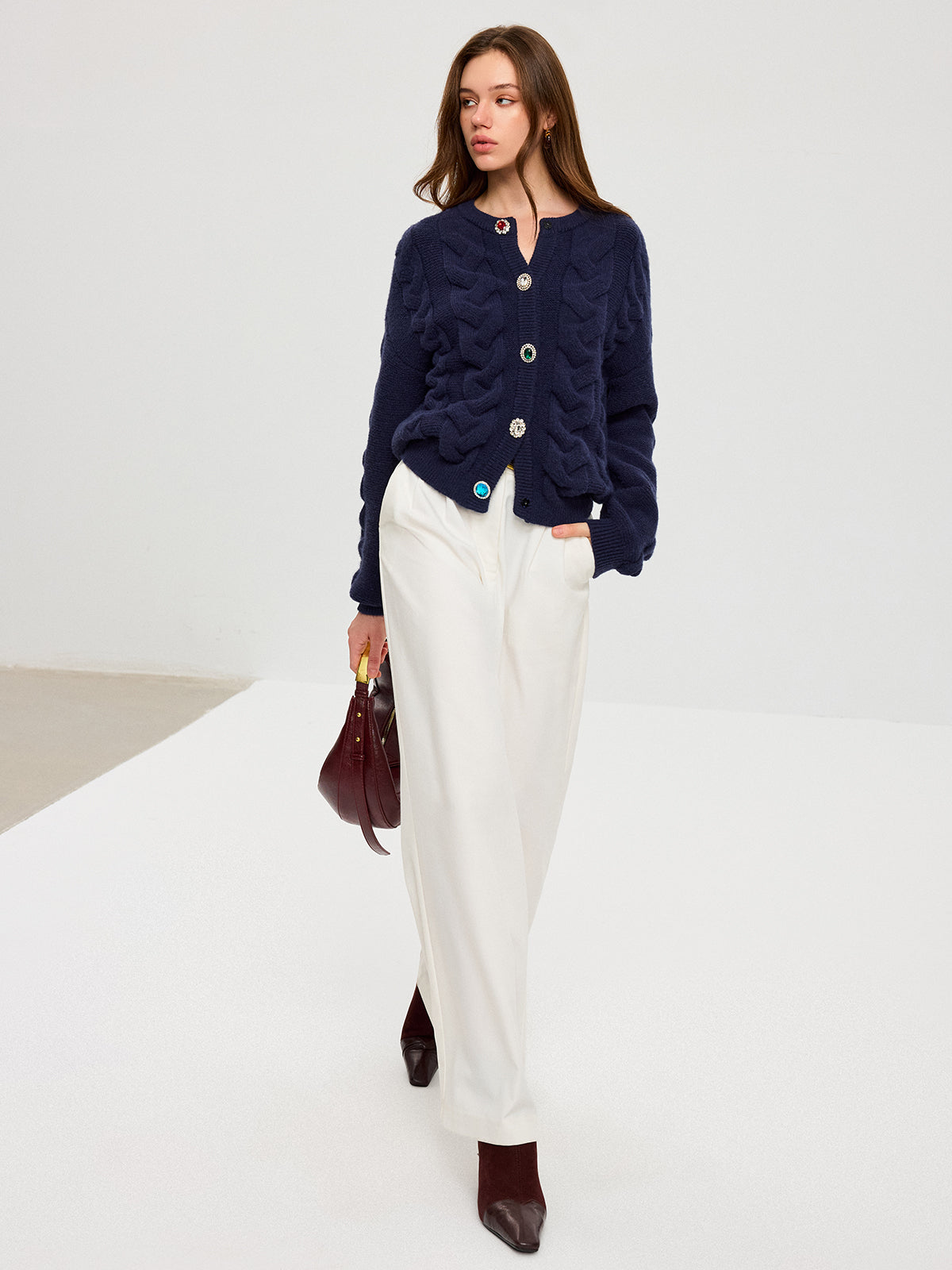 Cable Knit Rhinestone Button Cardigan-Chicvia