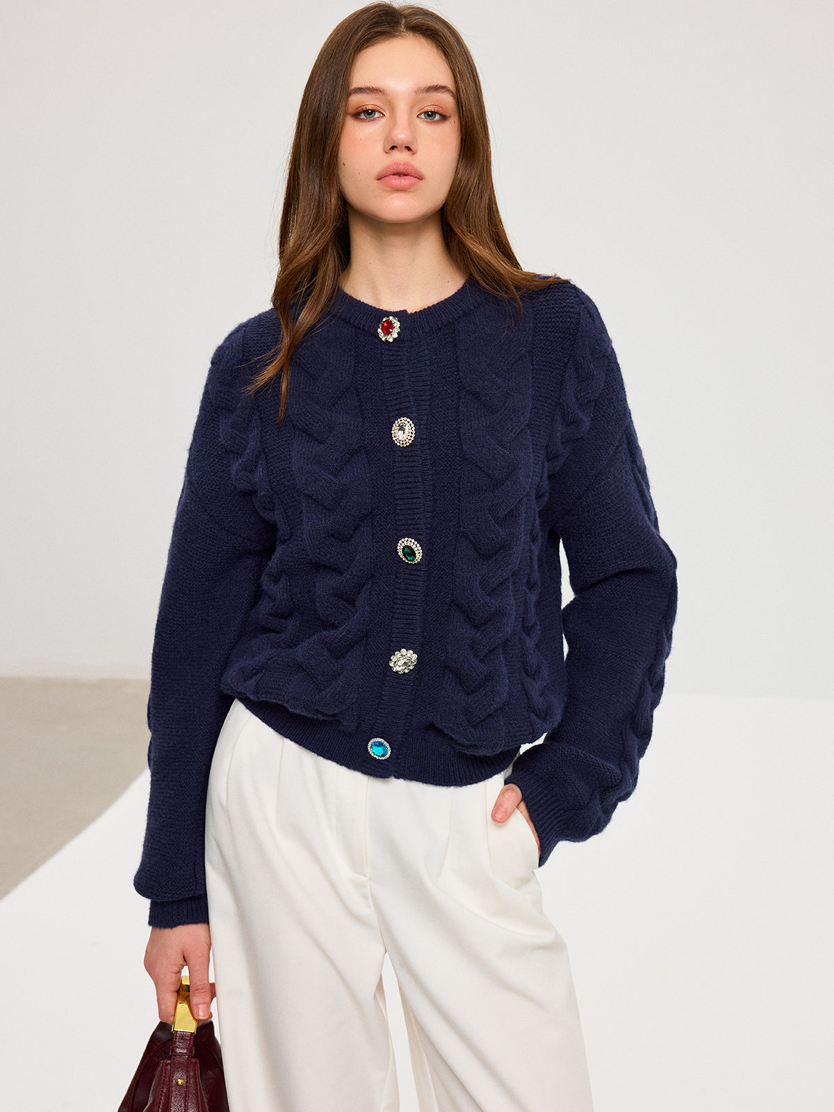 Cable Knit Rhinestone Button Cardigan-Chicvia