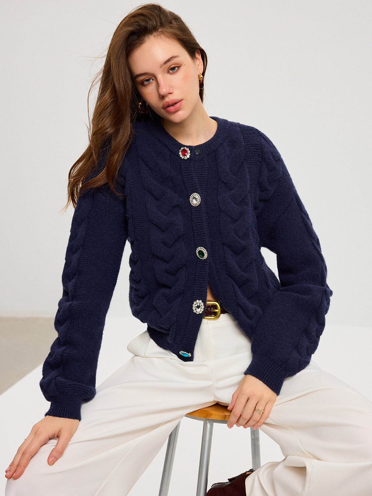 Cable Knit Rhinestone Button Cardigan-Chicvia