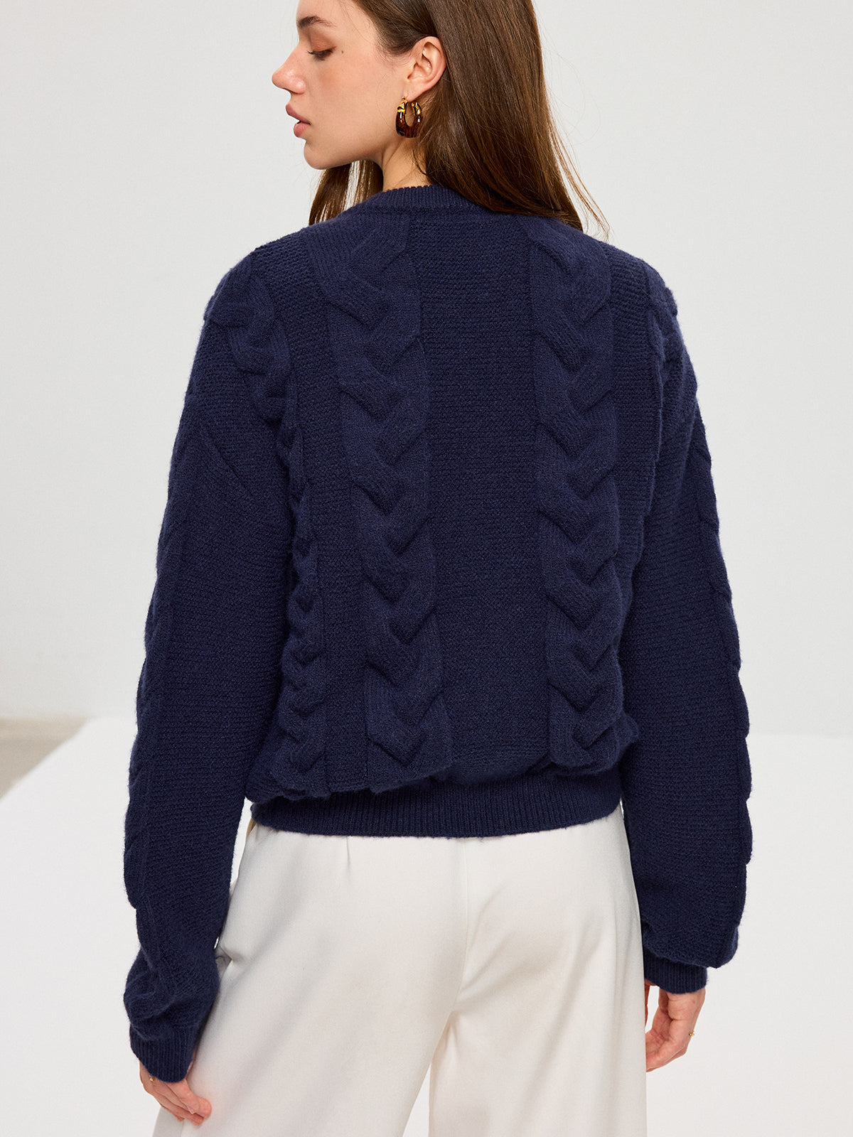 Cable Knit Rhinestone Button Cardigan-Chicvia