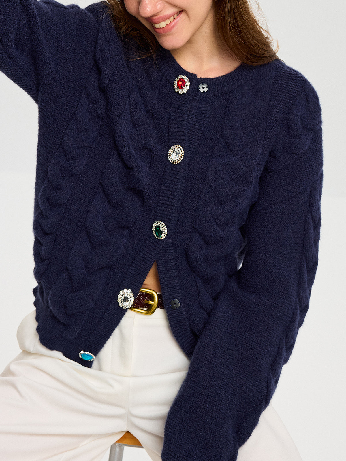 Cable Knit Rhinestone Button Cardigan-Chicvia