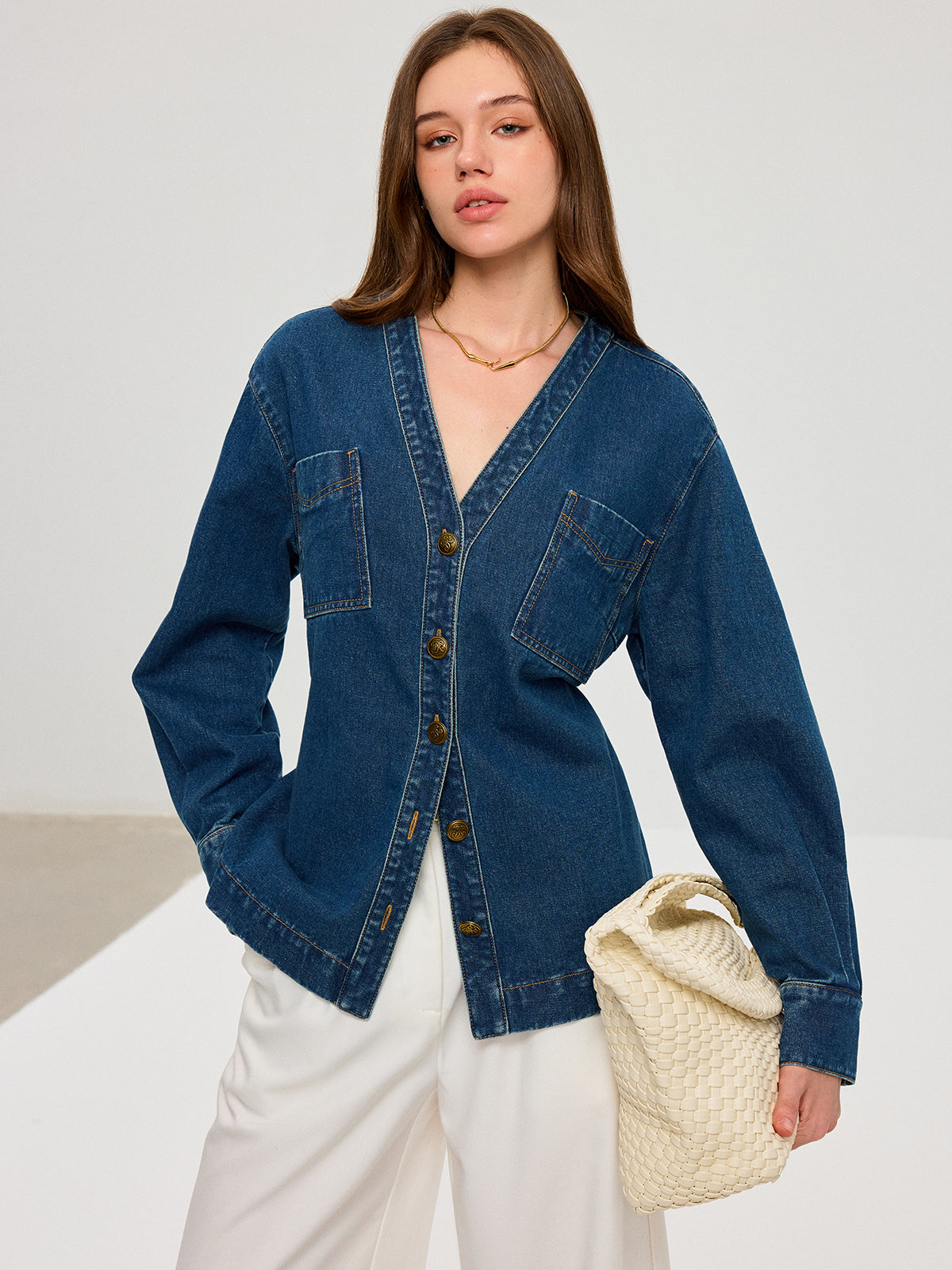 Denim V-Neck Button-Front Jacket-Chicvia