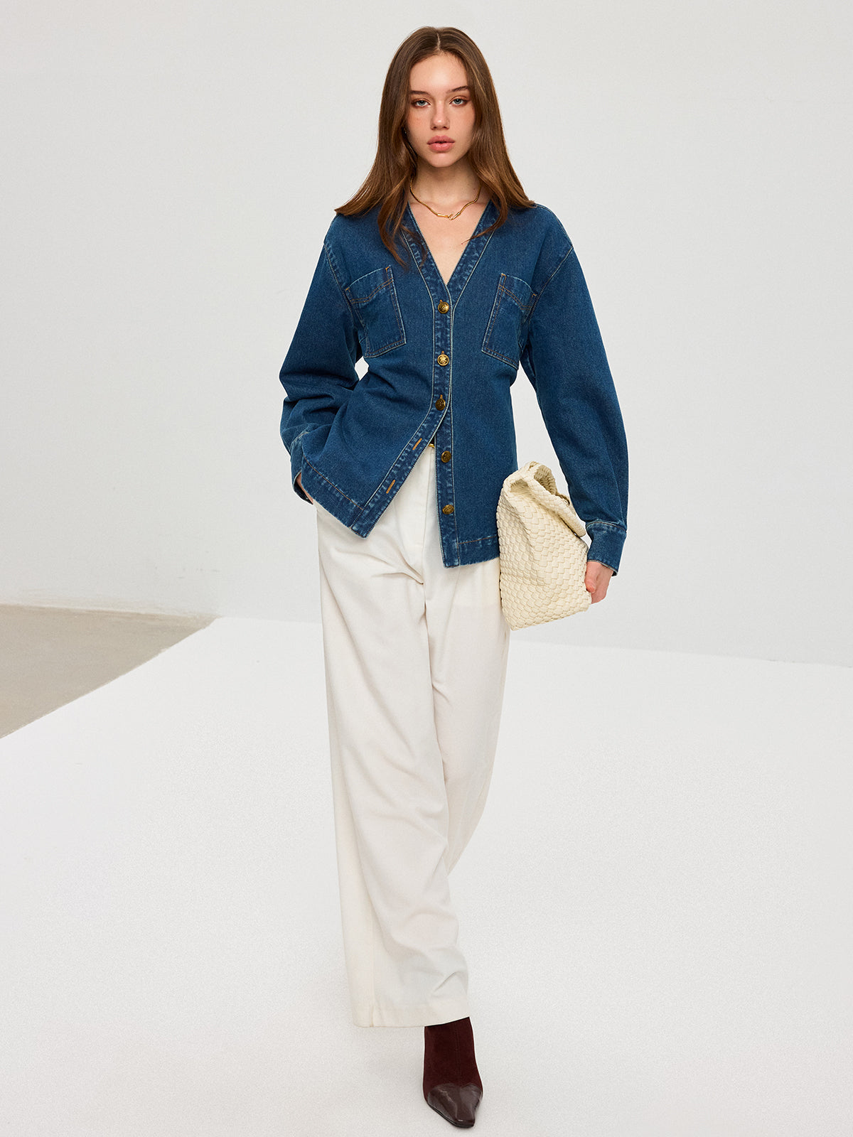 Denim V-Neck Button-Front Jacket-Chicvia