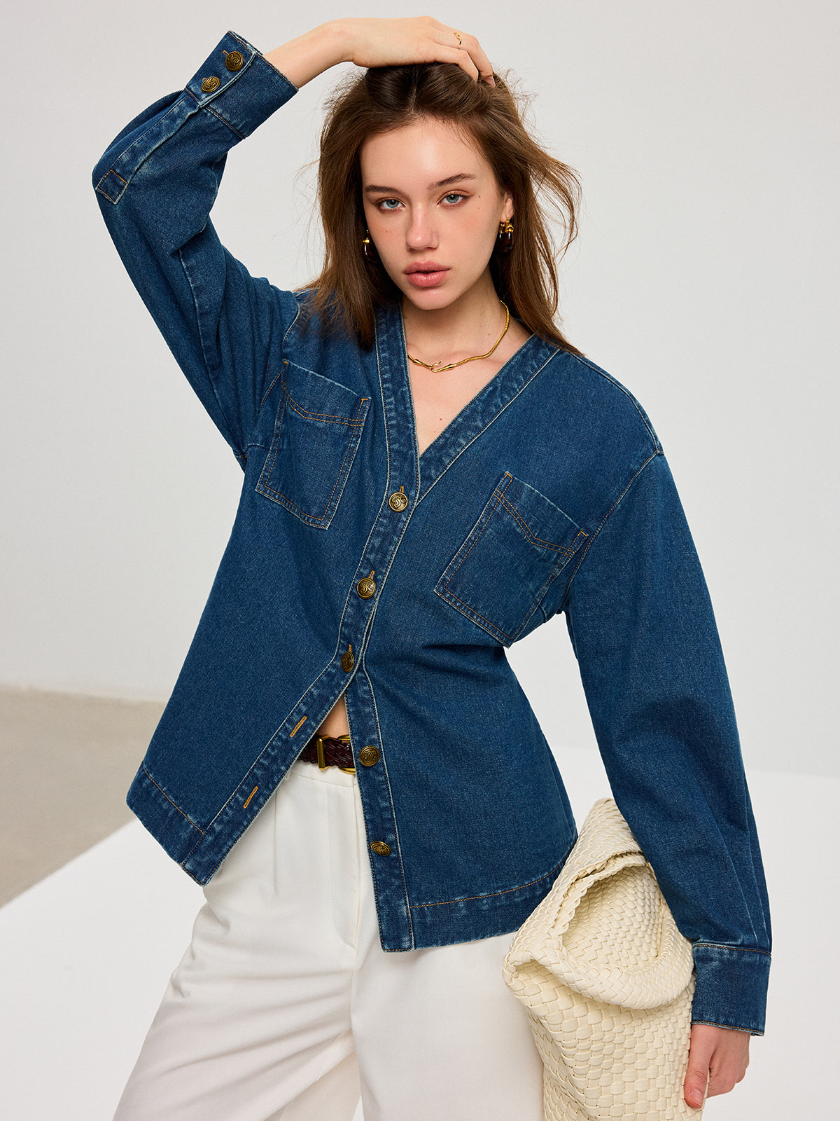 Denim V-Neck Button-Front Jacket-Chicvia