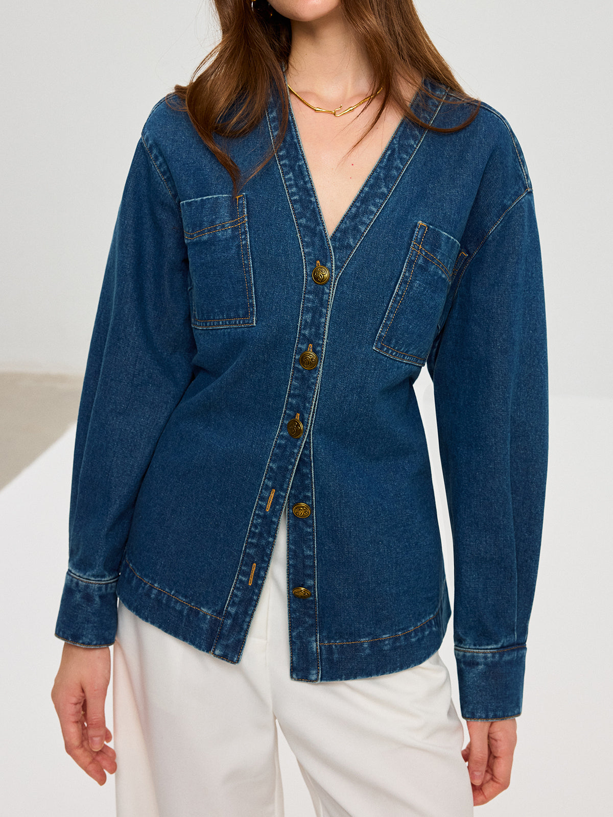 Denim V-Neck Button-Front Jacket-Chicvia