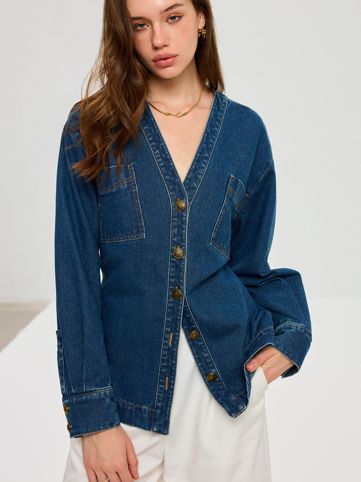 Denim V-Neck Button-Front Jacket-Chicvia
