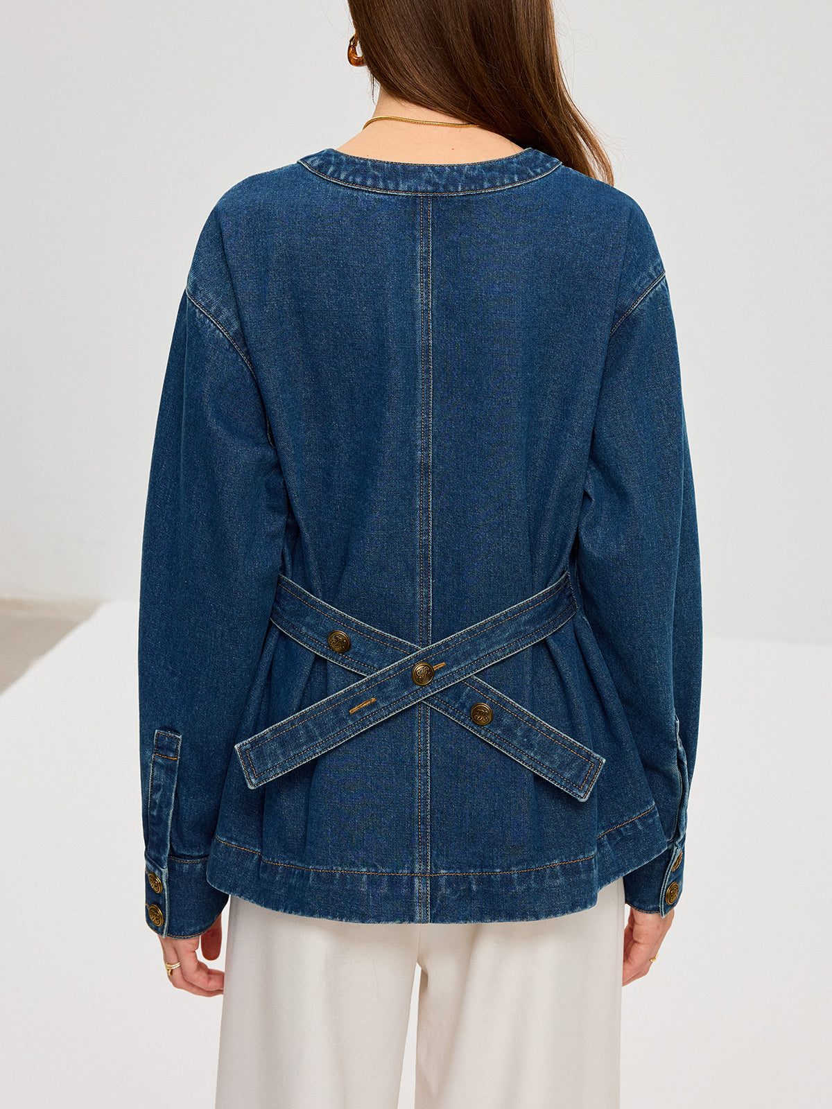 Denim V-Neck Button-Front Jacket-Chicvia