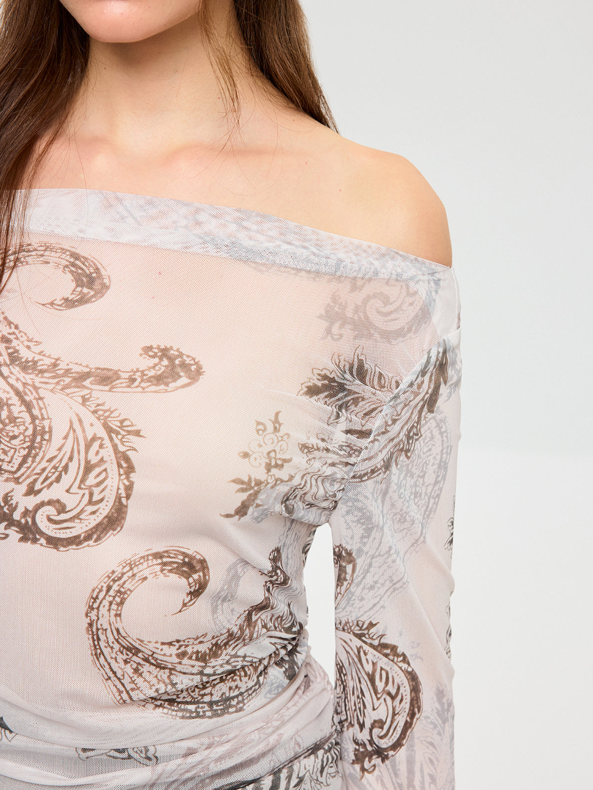 Paisley Print Off-Shoulder Sheer Mesh T-Shirt-Chicvia