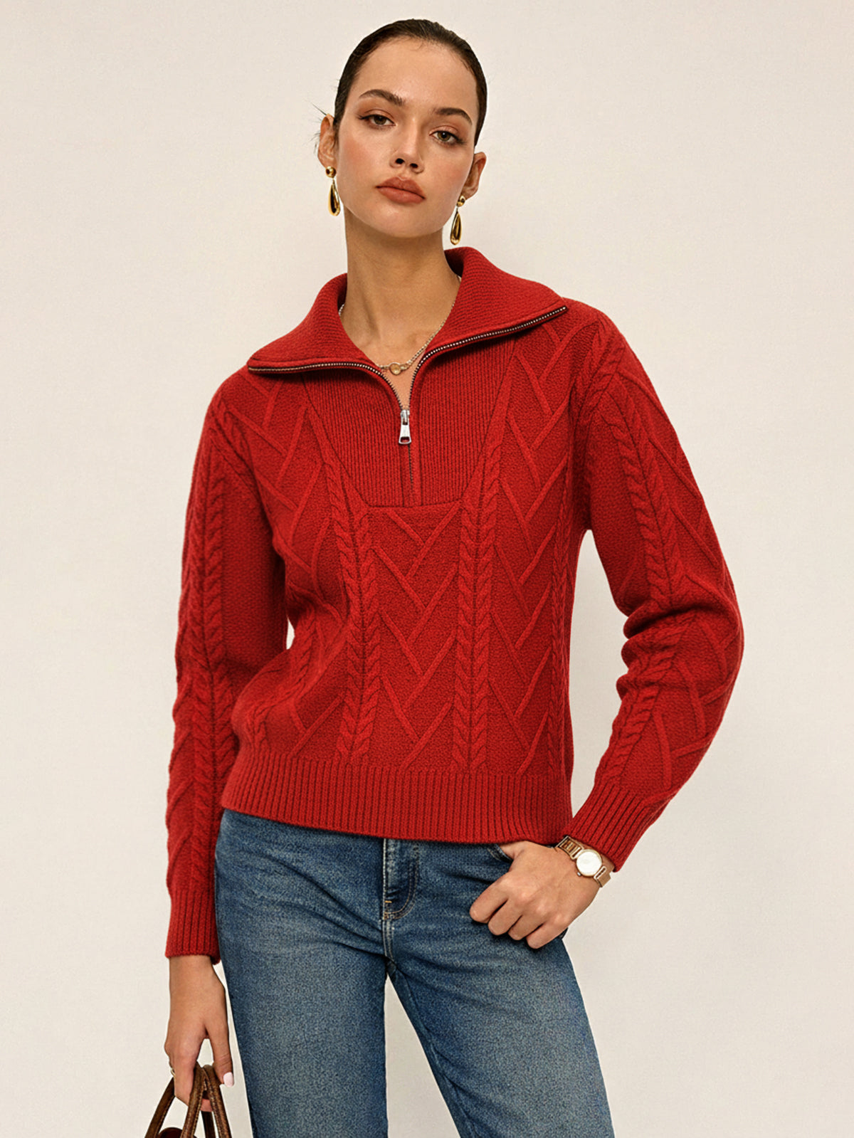 Half-Zip Wool Blend Cable Knit Top-Chicvia