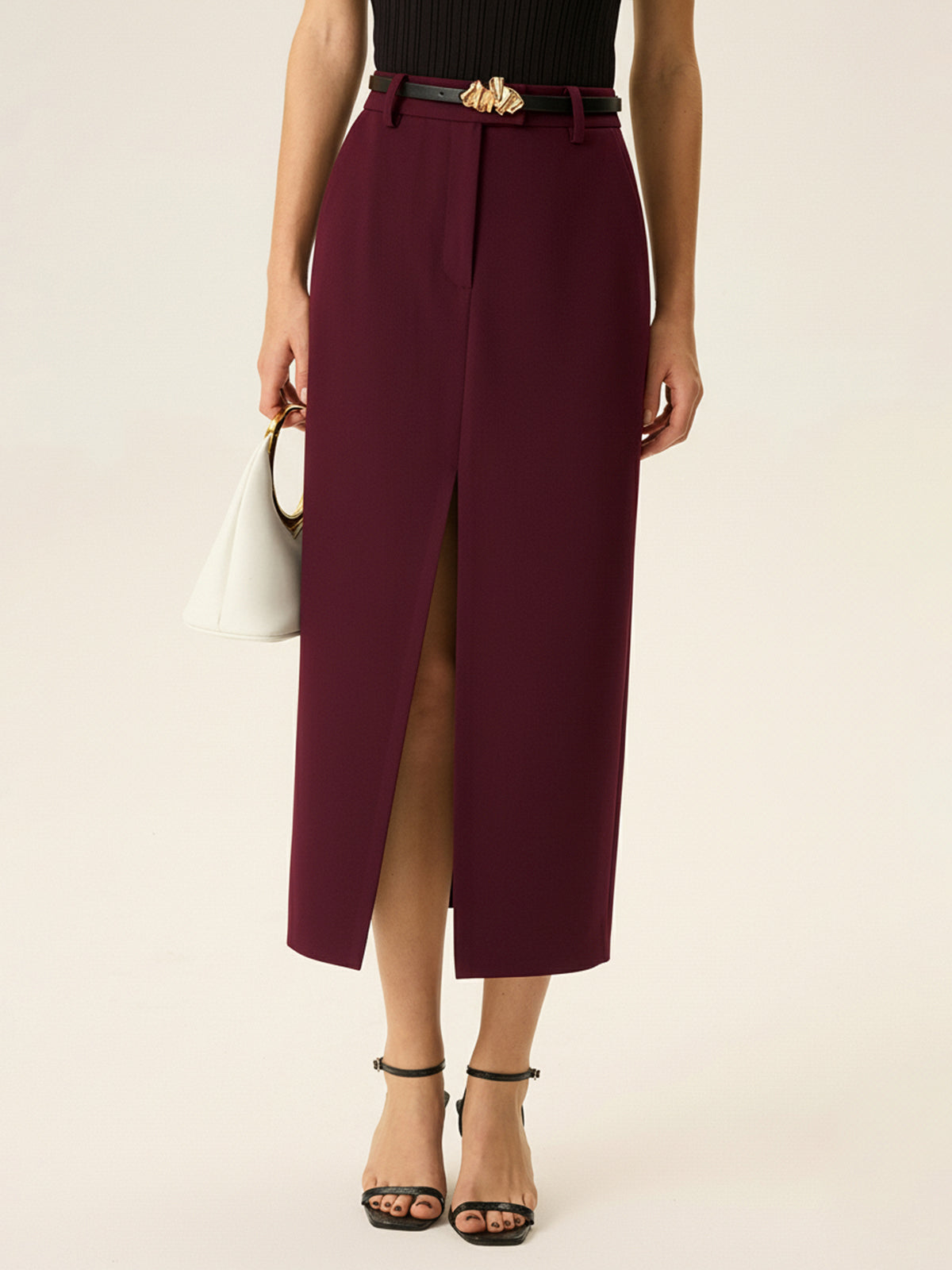 Belted Pocket Slit Midi Skirt-Chicvia