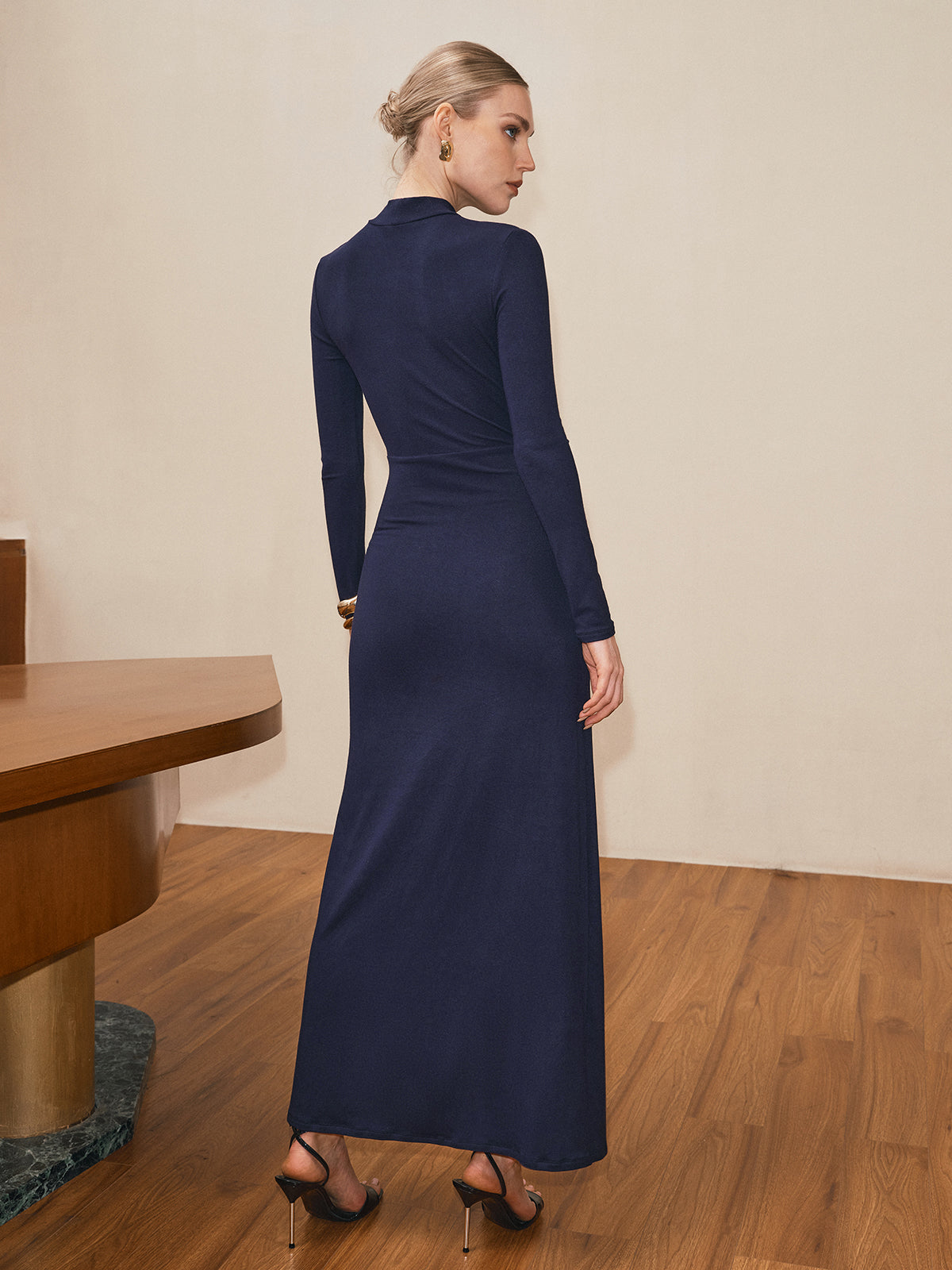 Mock Neck Ruched Slit Maxi Dress-Chicvia