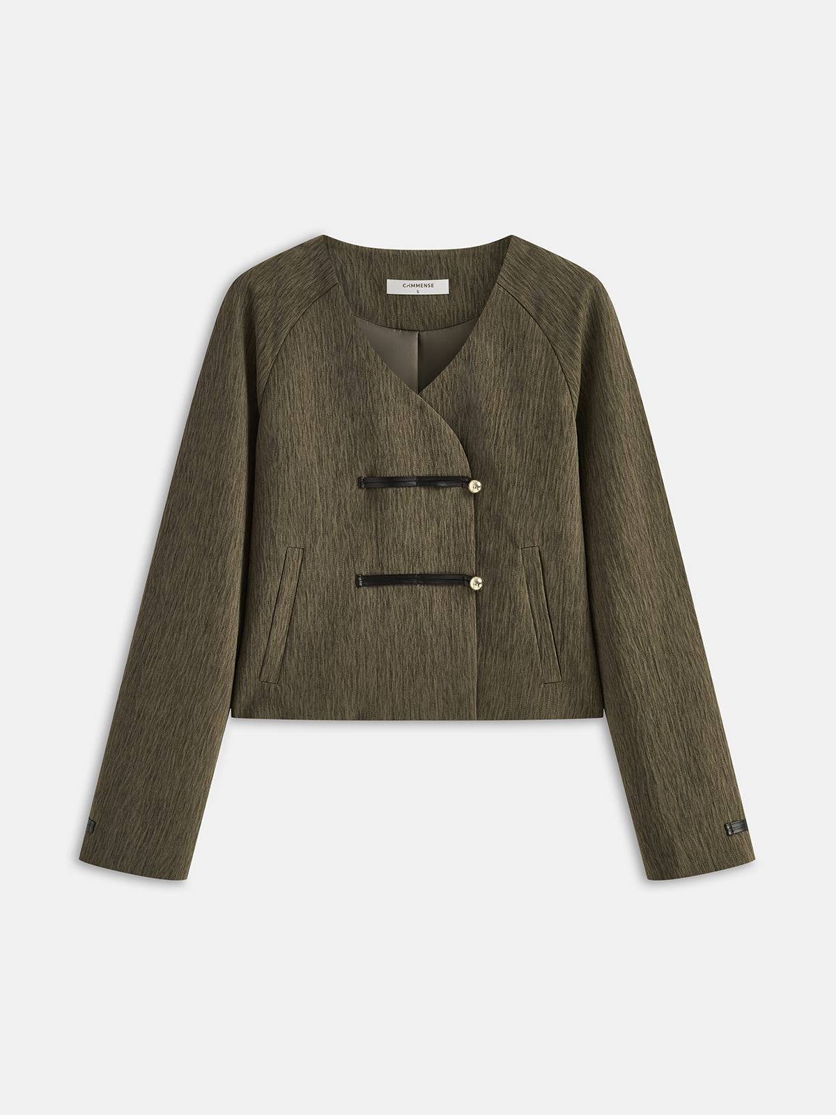 Cropped Jacket with Faux Leather Fasteners-Chicvia