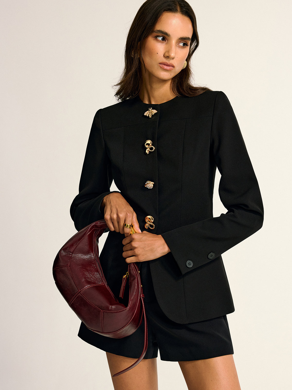 Metal Detail Crew Neck Blazer-Chicvia