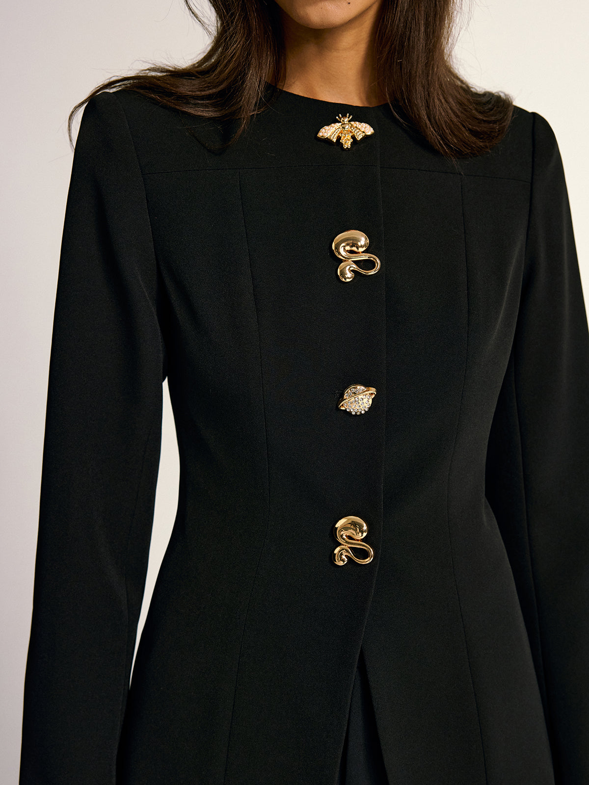 Metal Detail Crew Neck Blazer-Chicvia