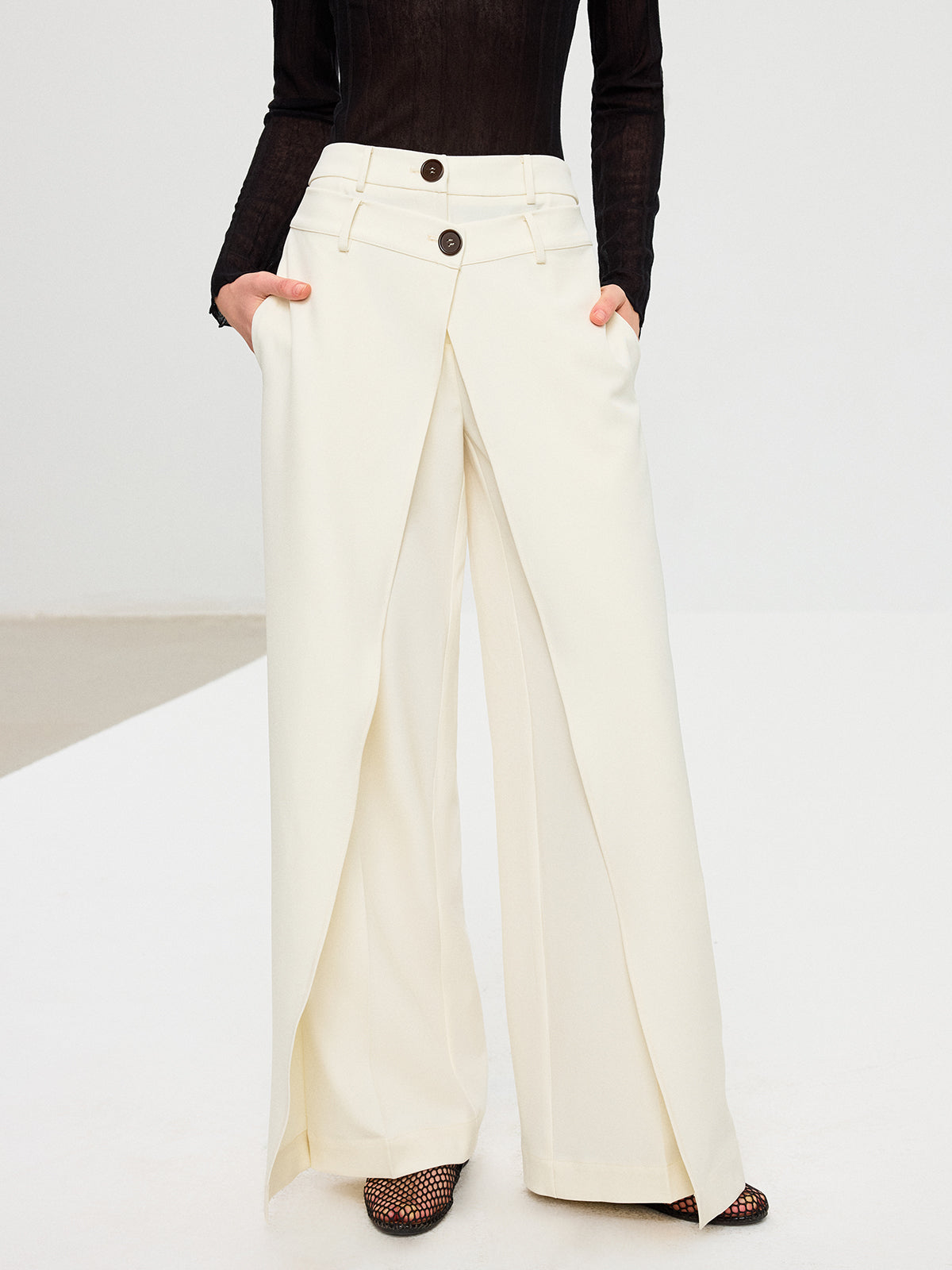 Double Waistband Layered Wide-Leg Pants-Chicvia