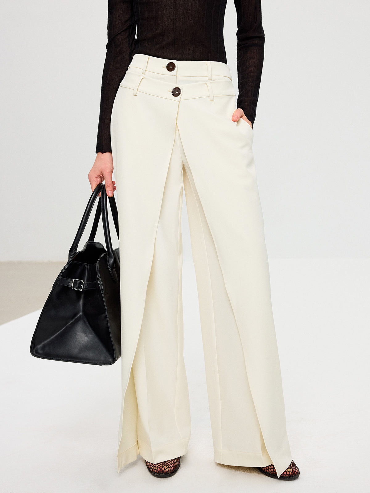 Double Waistband Layered Wide-Leg Pants-Chicvia