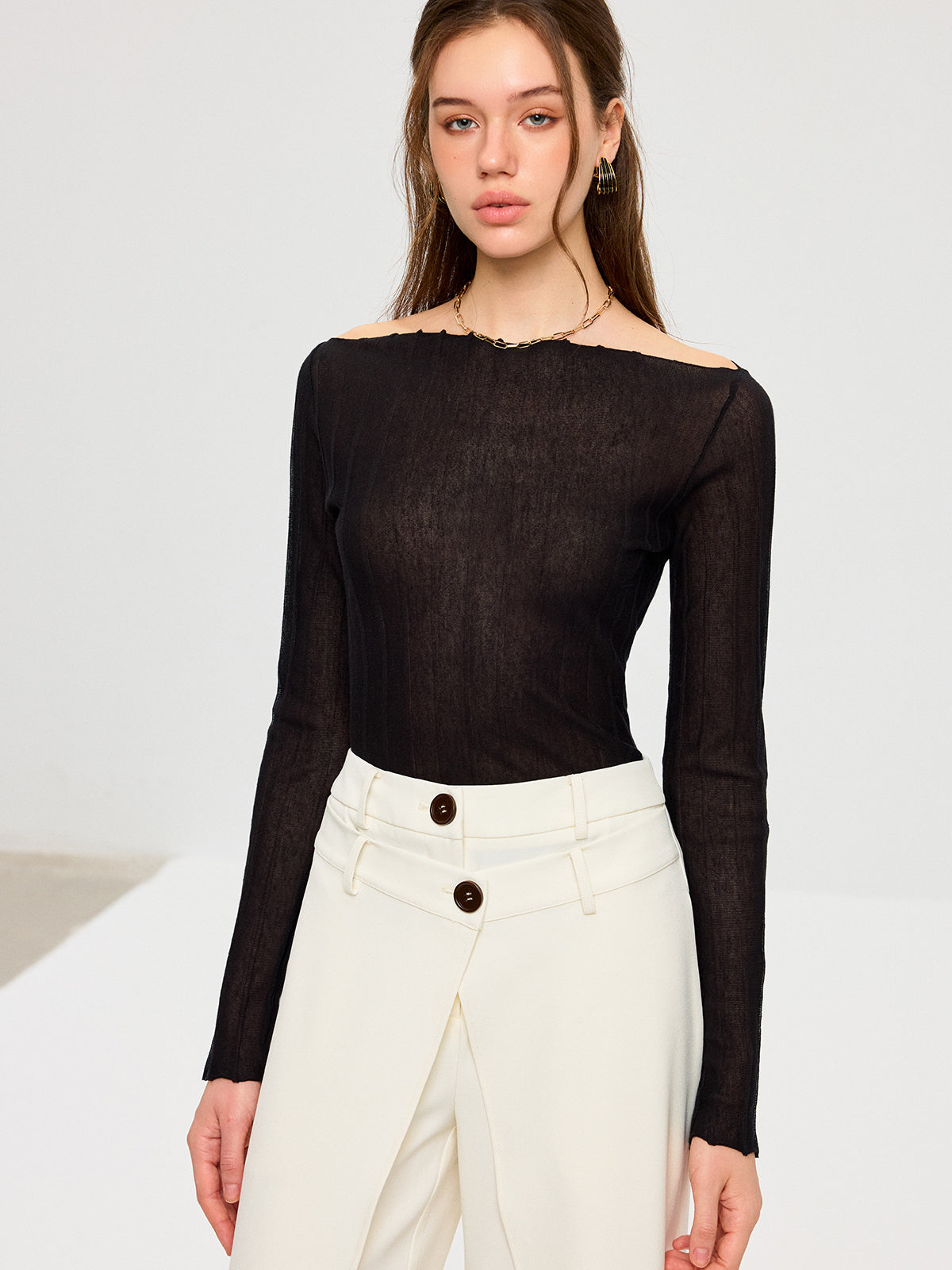Off-Shoulder Sheer Knit Top-Chicvia