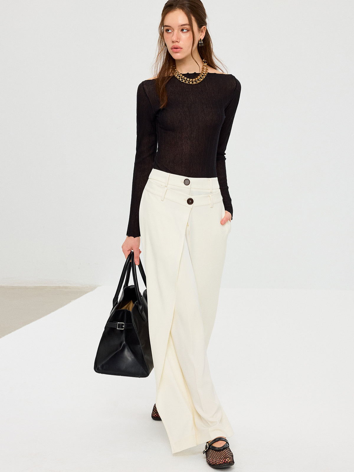 Off-Shoulder Sheer Knit Top-Chicvia