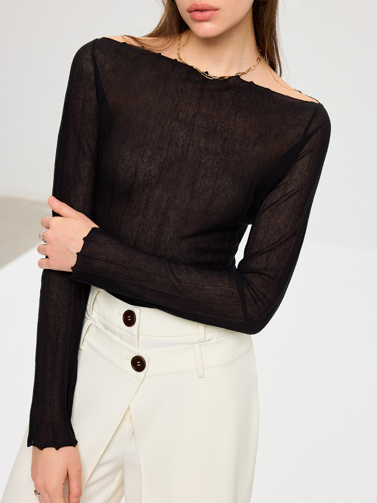 Off-Shoulder Sheer Knit Top-Chicvia
