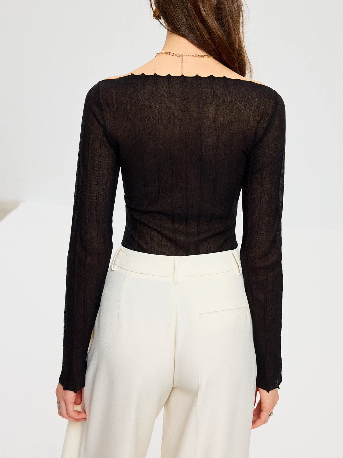 Off-Shoulder Sheer Knit Top-Chicvia