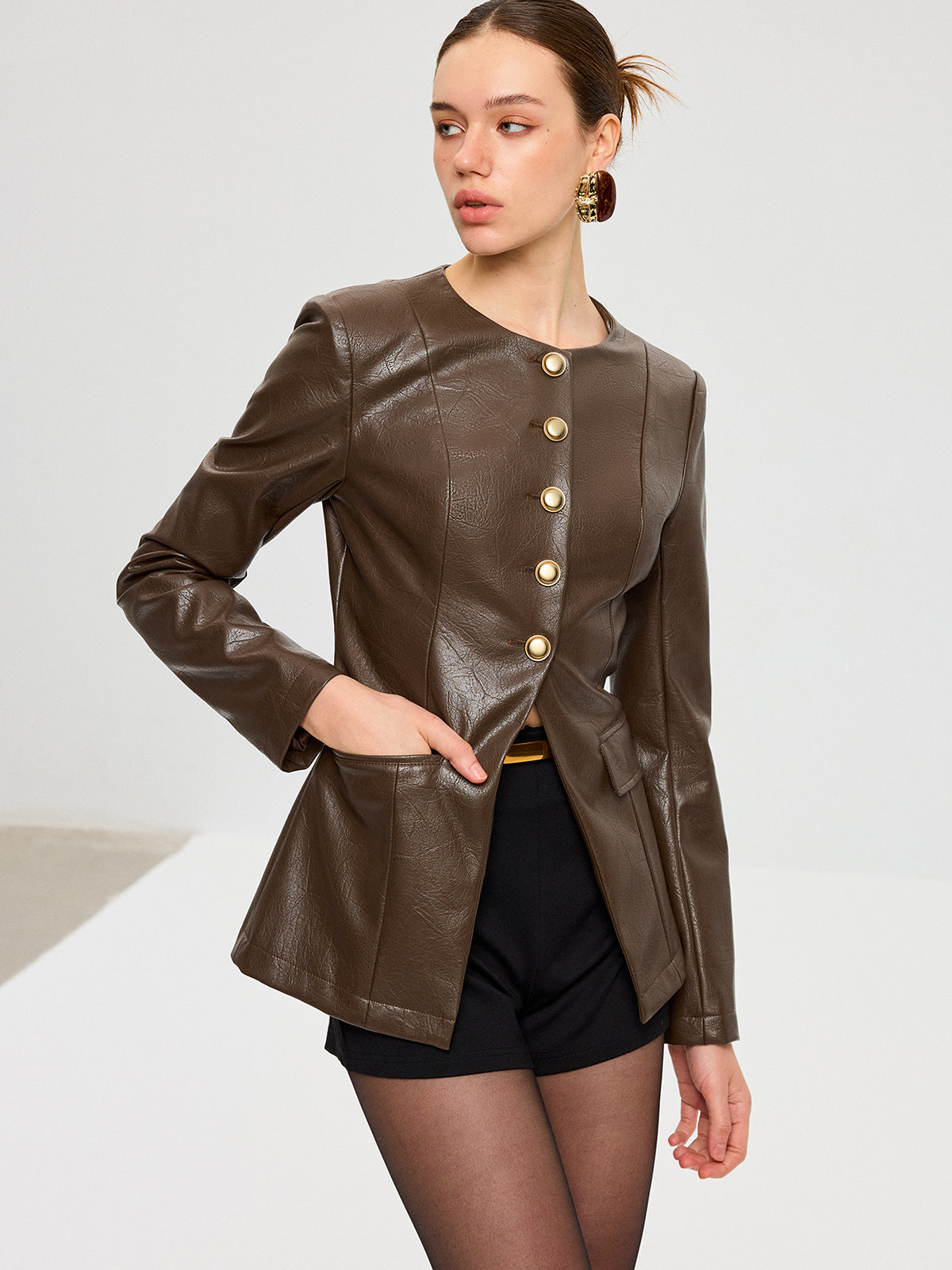 Metal Button Fitted PU Leather Jacket-Chicvia