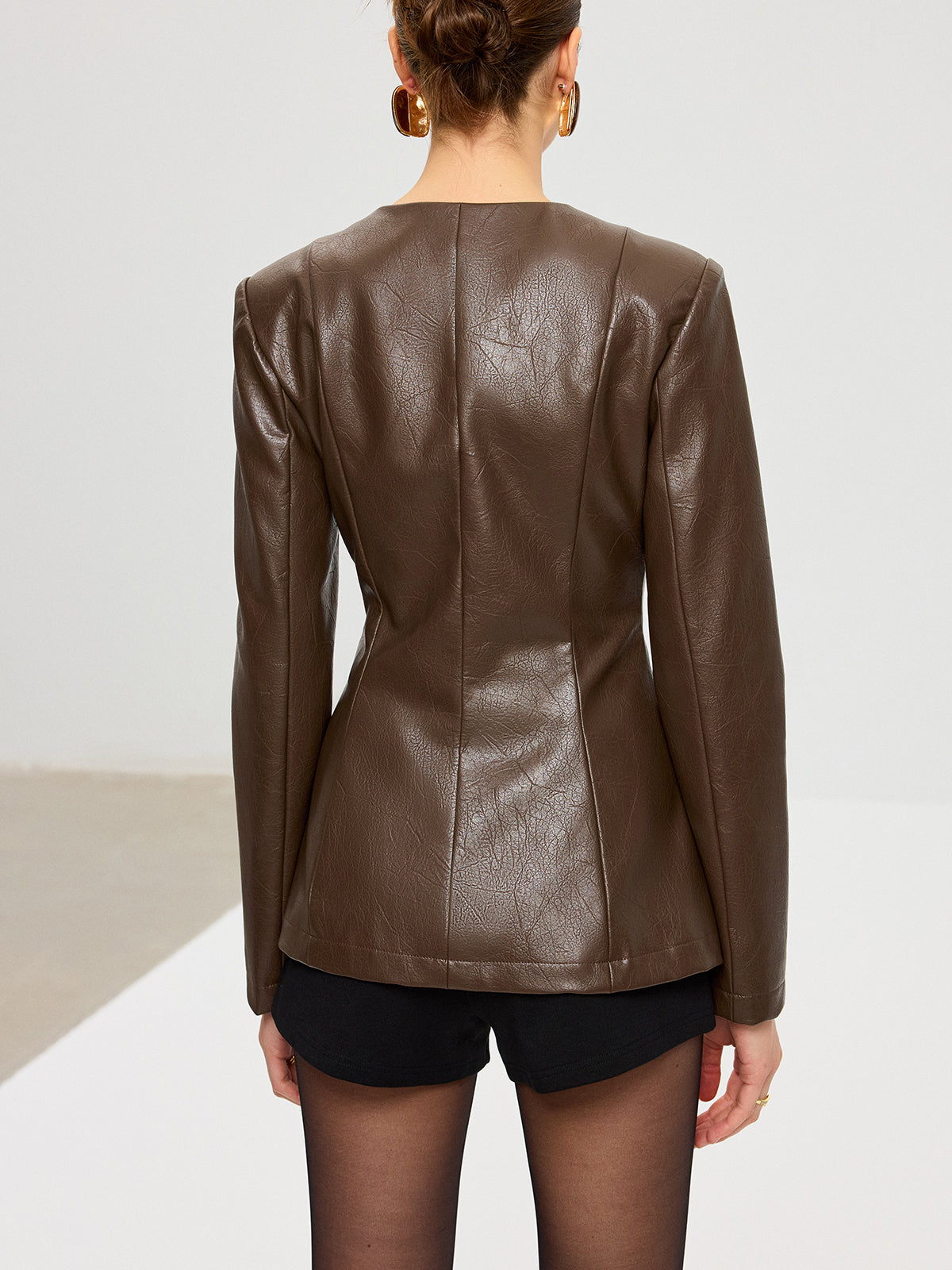 Metal Button Fitted PU Leather Jacket-Chicvia