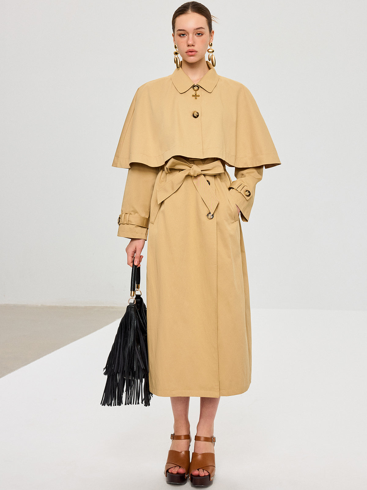 Convertible Cape Design Trench Coat-Chicvia