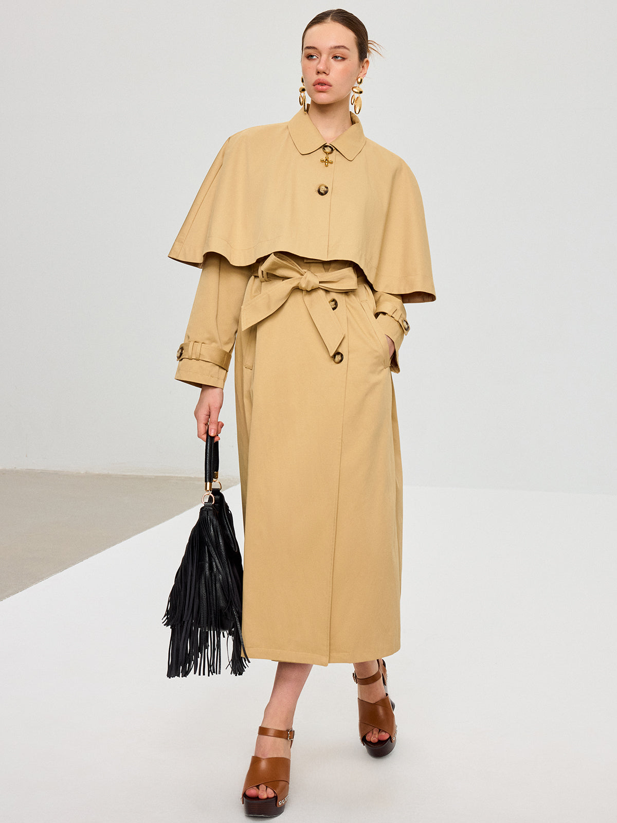 Convertible Cape Design Trench Coat-Chicvia