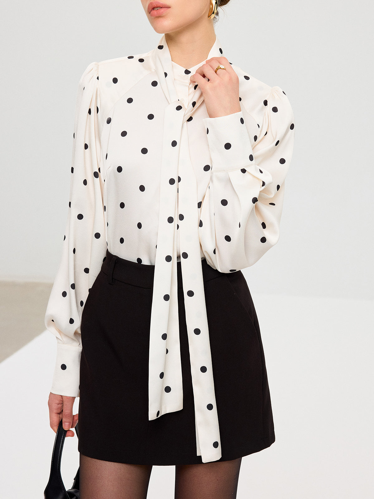 Polka Dot Tie Neck Satin Shirt-Chicvia