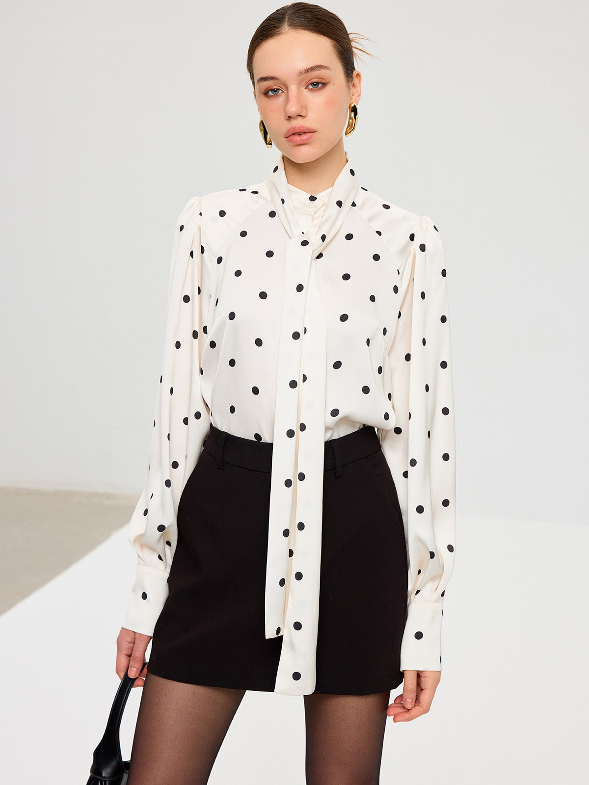 Polka Dot Tie Neck Satin Shirt-Chicvia