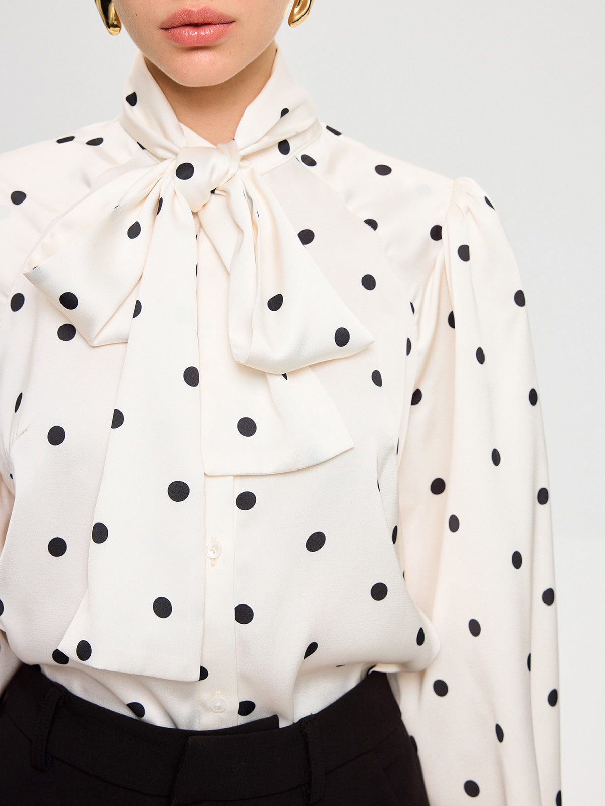 Polka Dot Tie Neck Satin Shirt-Chicvia