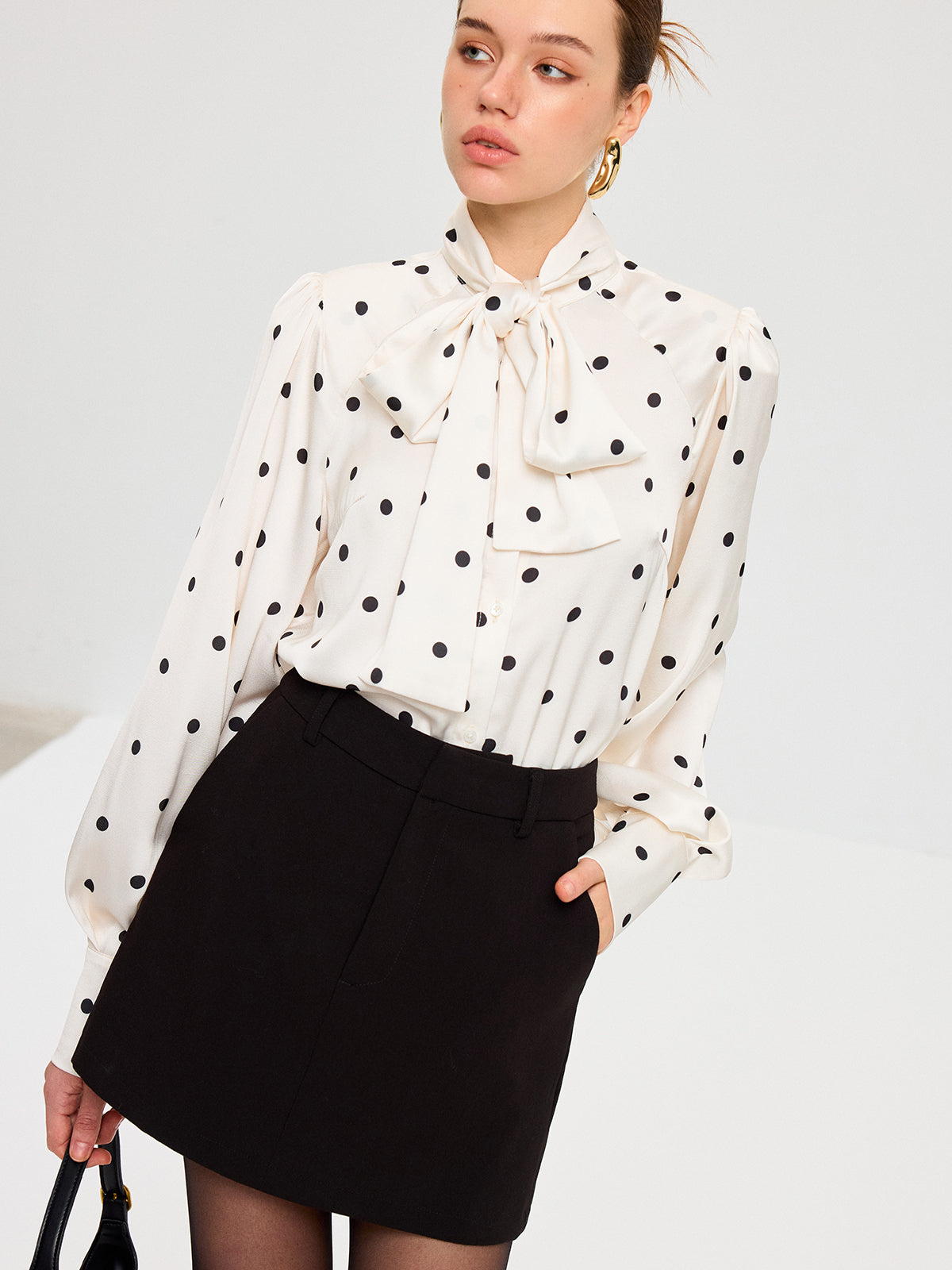 Polka Dot Tie Neck Satin Shirt-Chicvia