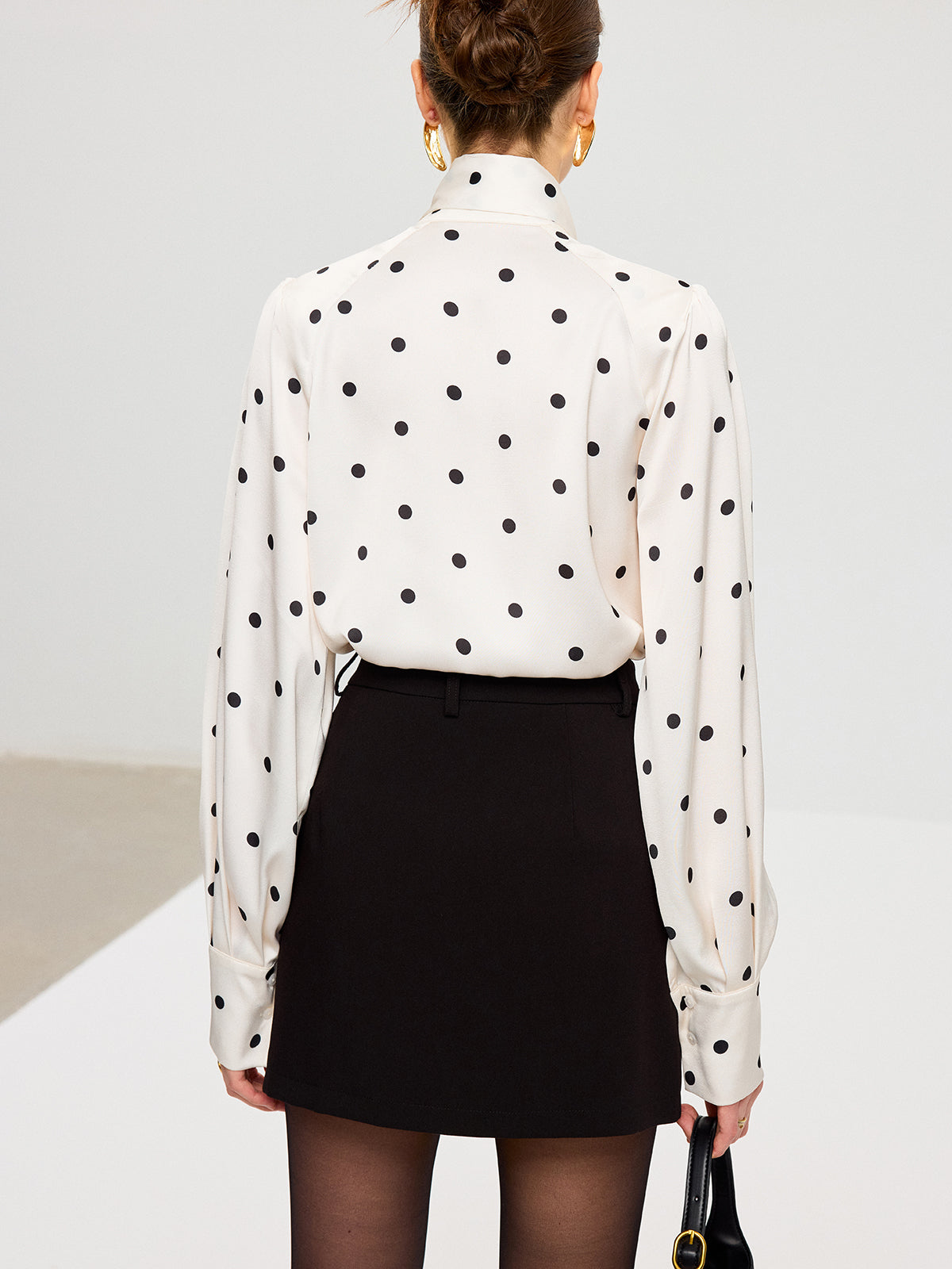 Polka Dot Tie Neck Satin Shirt-Chicvia