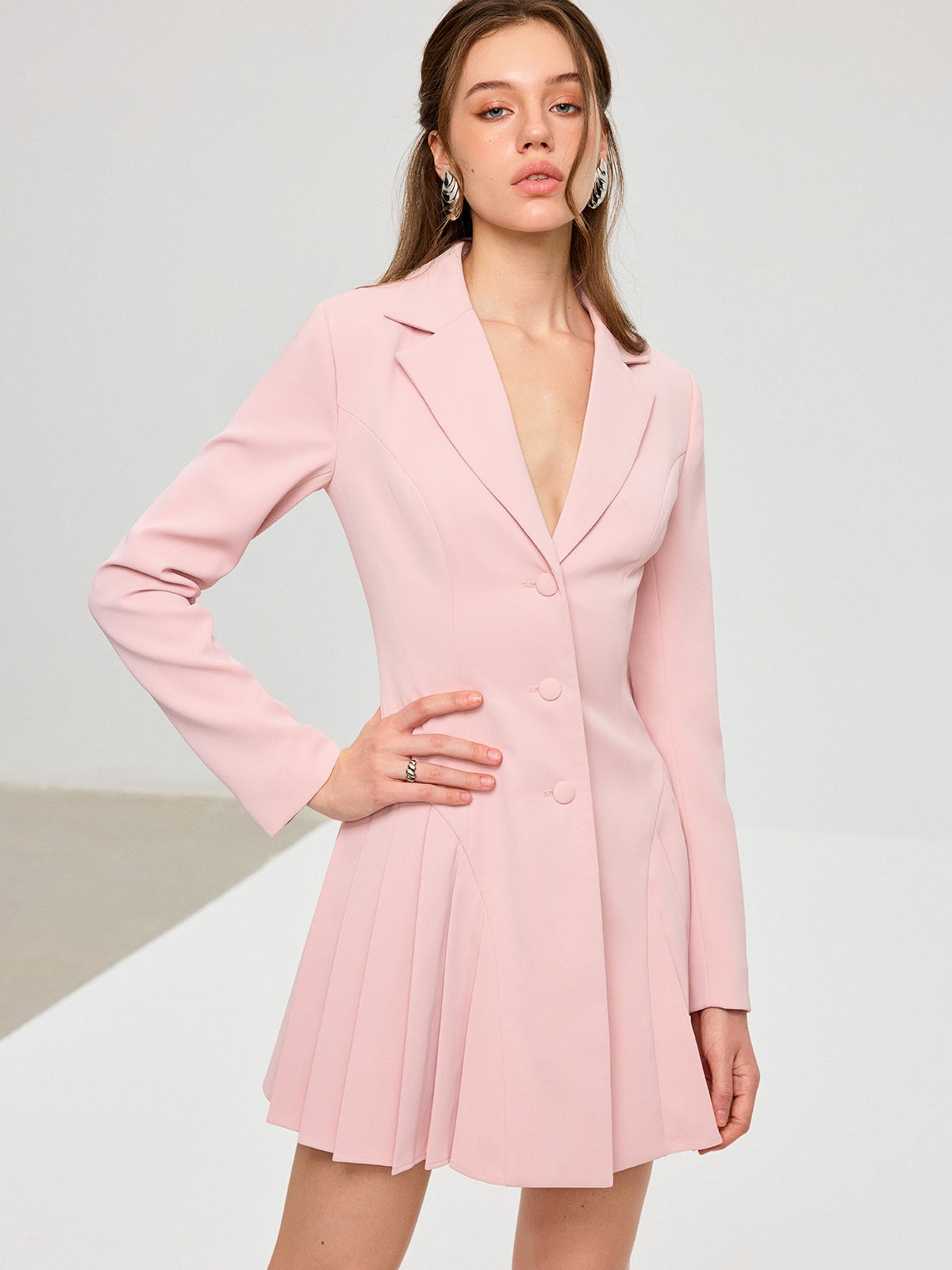 Pleated Fitted Blazer Dress-Chicvia