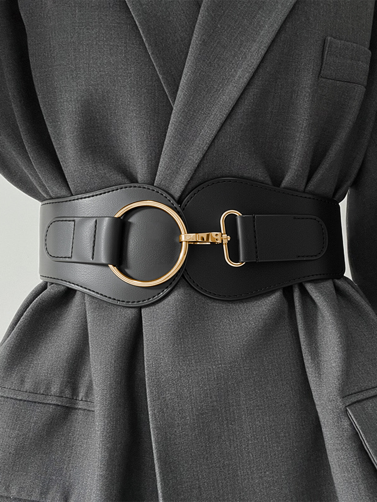 Golden Circular Buckle PU Leather Wide Belt-Chicvia