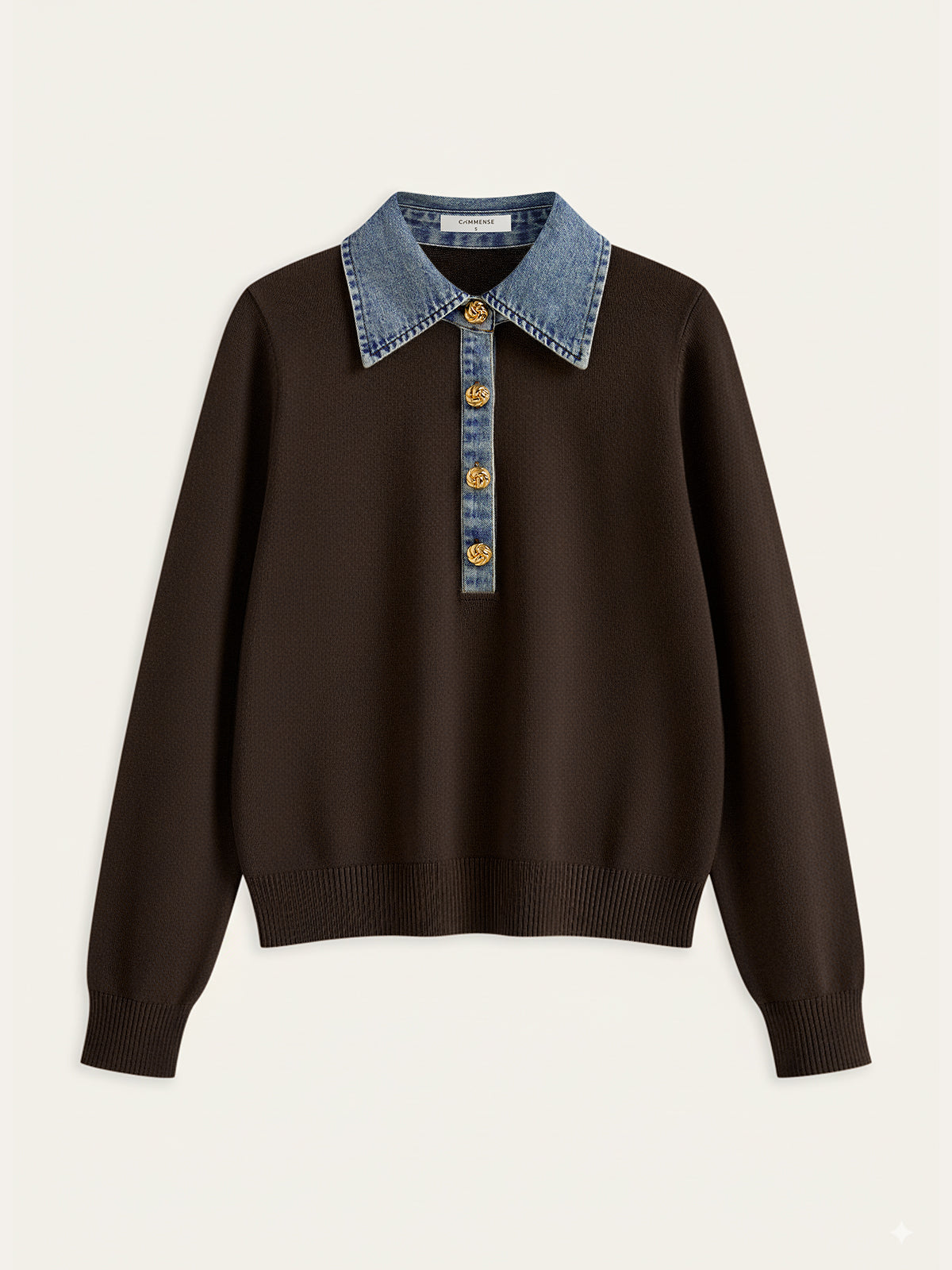 Denim Collar Wool Blend Knit Top-Chicvia