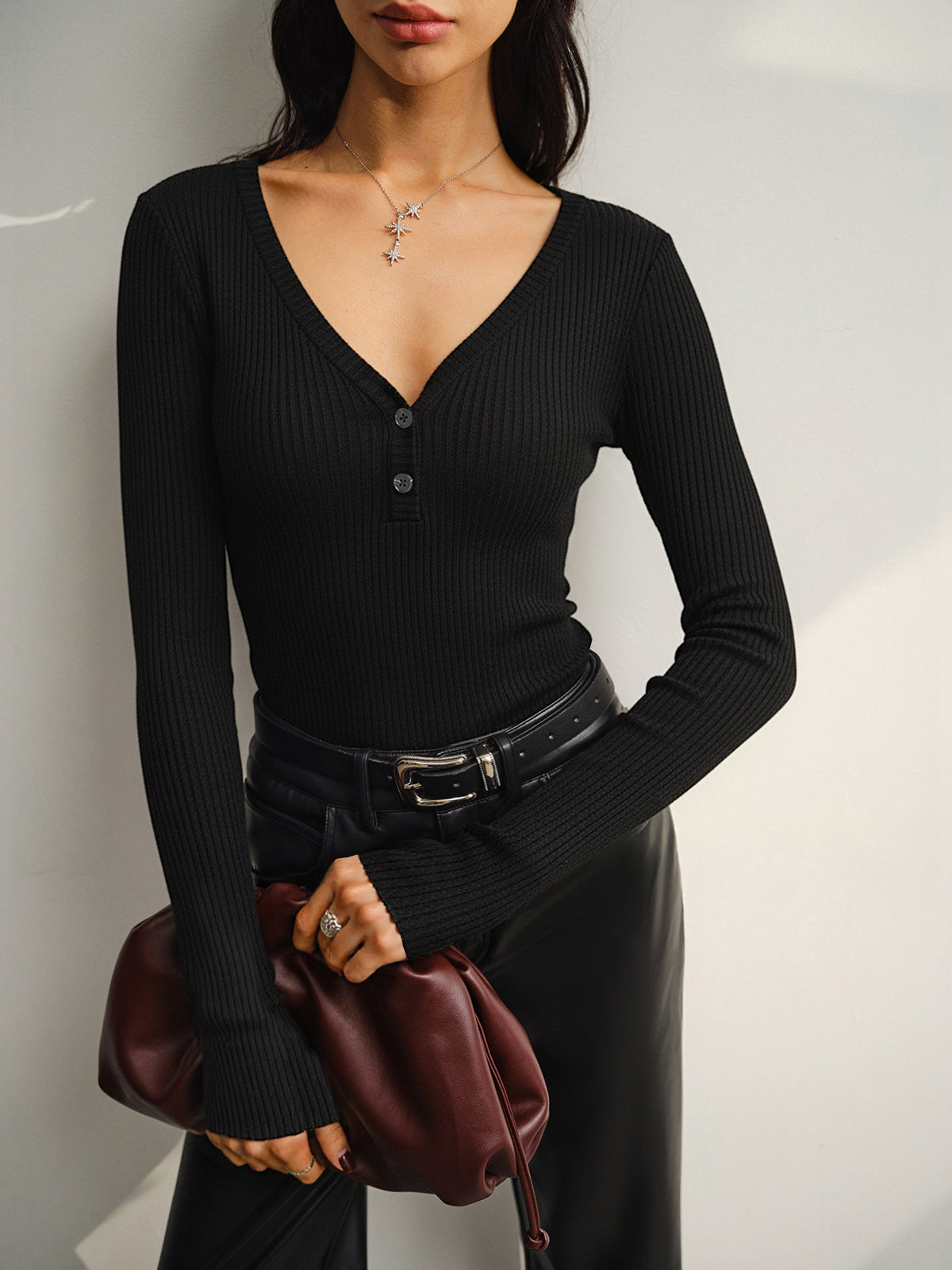 Button Placket Ribbed Knit Fitted V-Neck Top-Chicvia