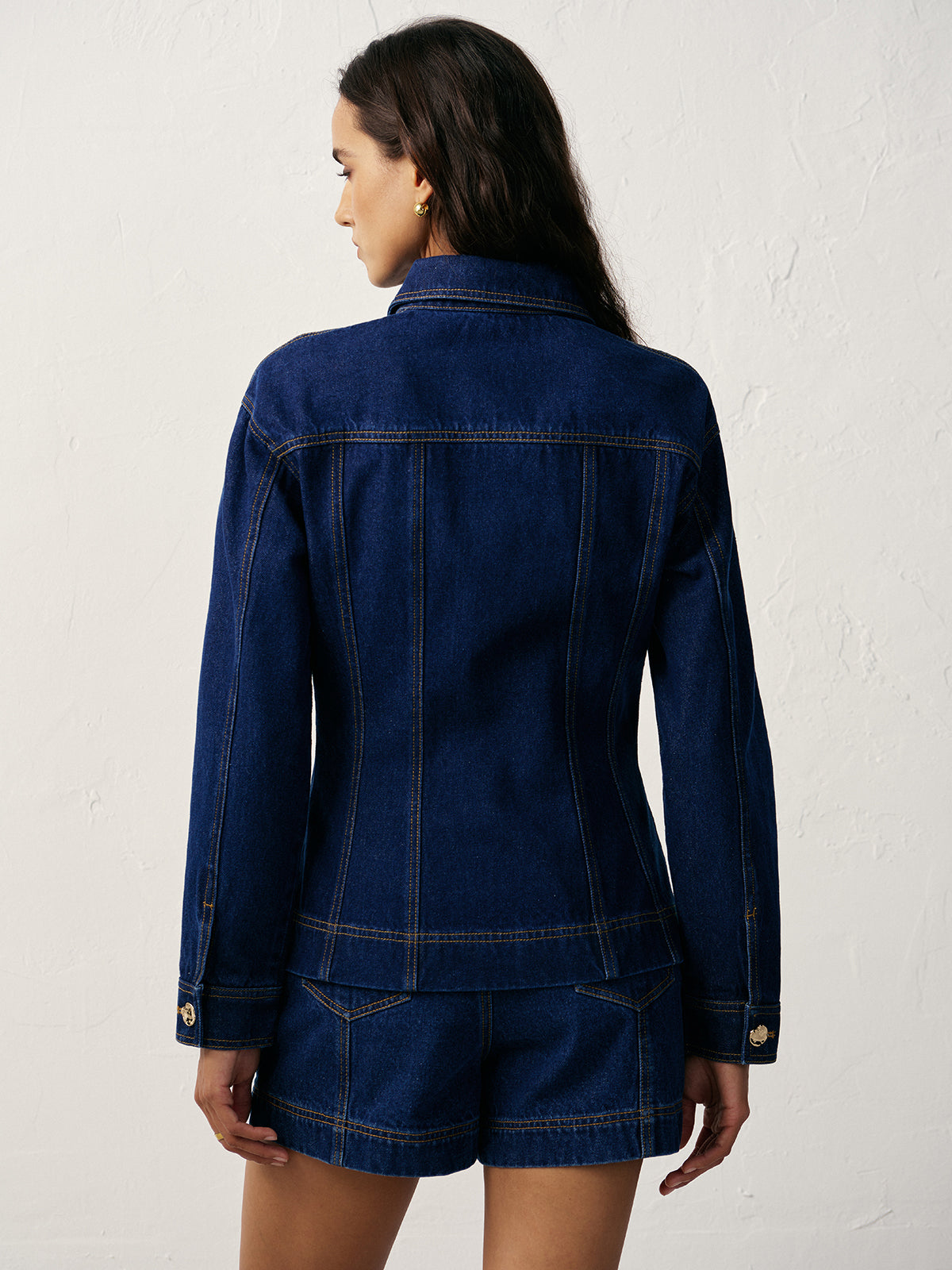 Cinched Waist Metal Button Denim Jacket-Chicvia