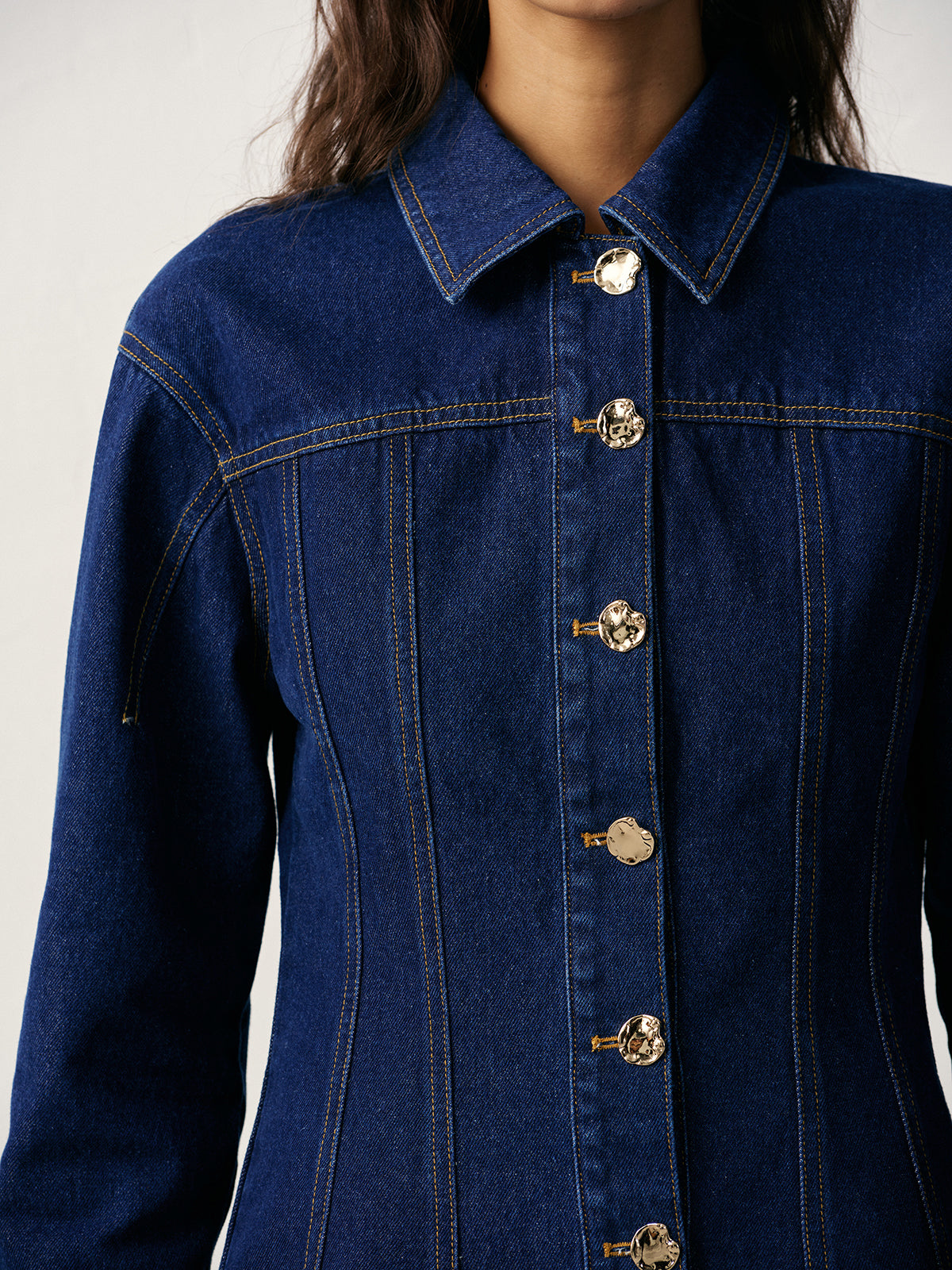 Cinched Waist Metal Button Denim Jacket-Chicvia