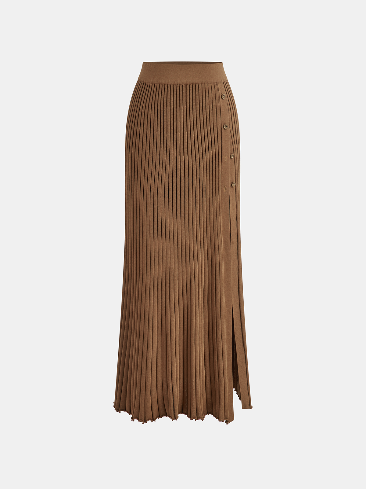Ribbed Side Slit Button Detail Midi Skirt-Chicvia