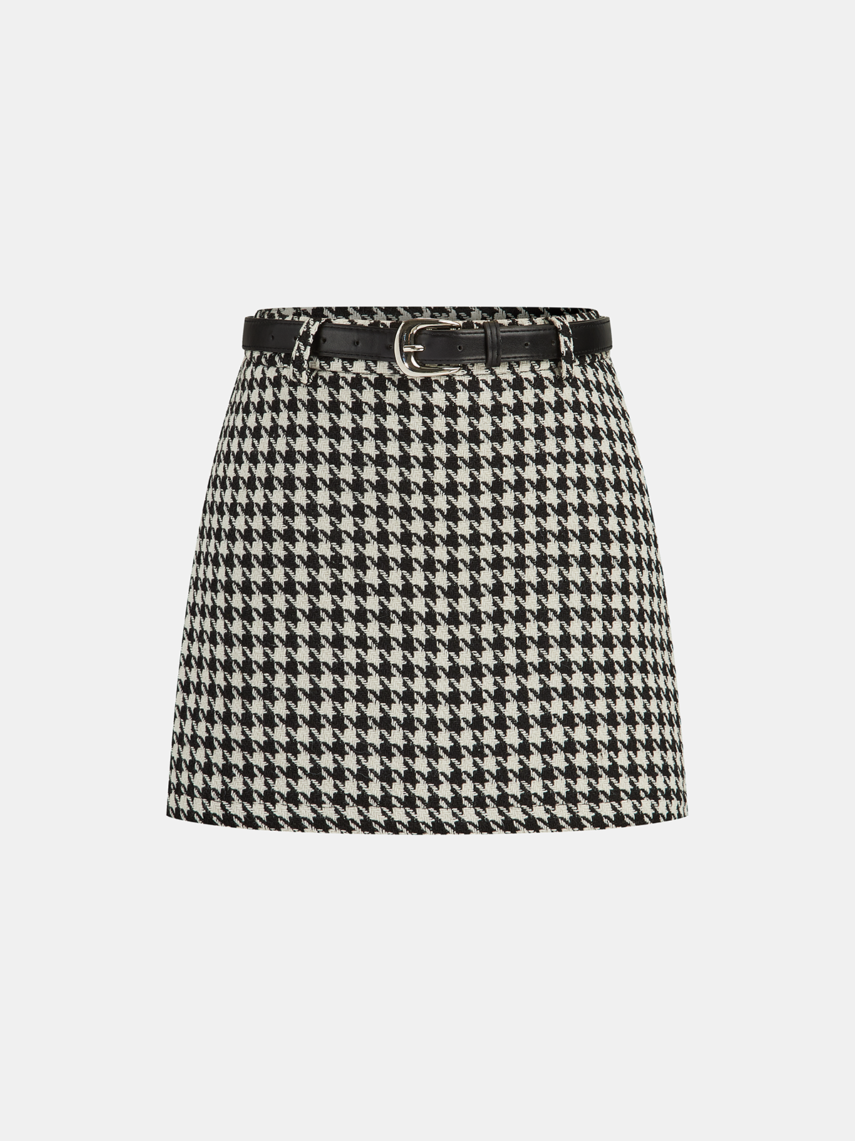 Houndstooth Belted Mini Skirt-Chicvia