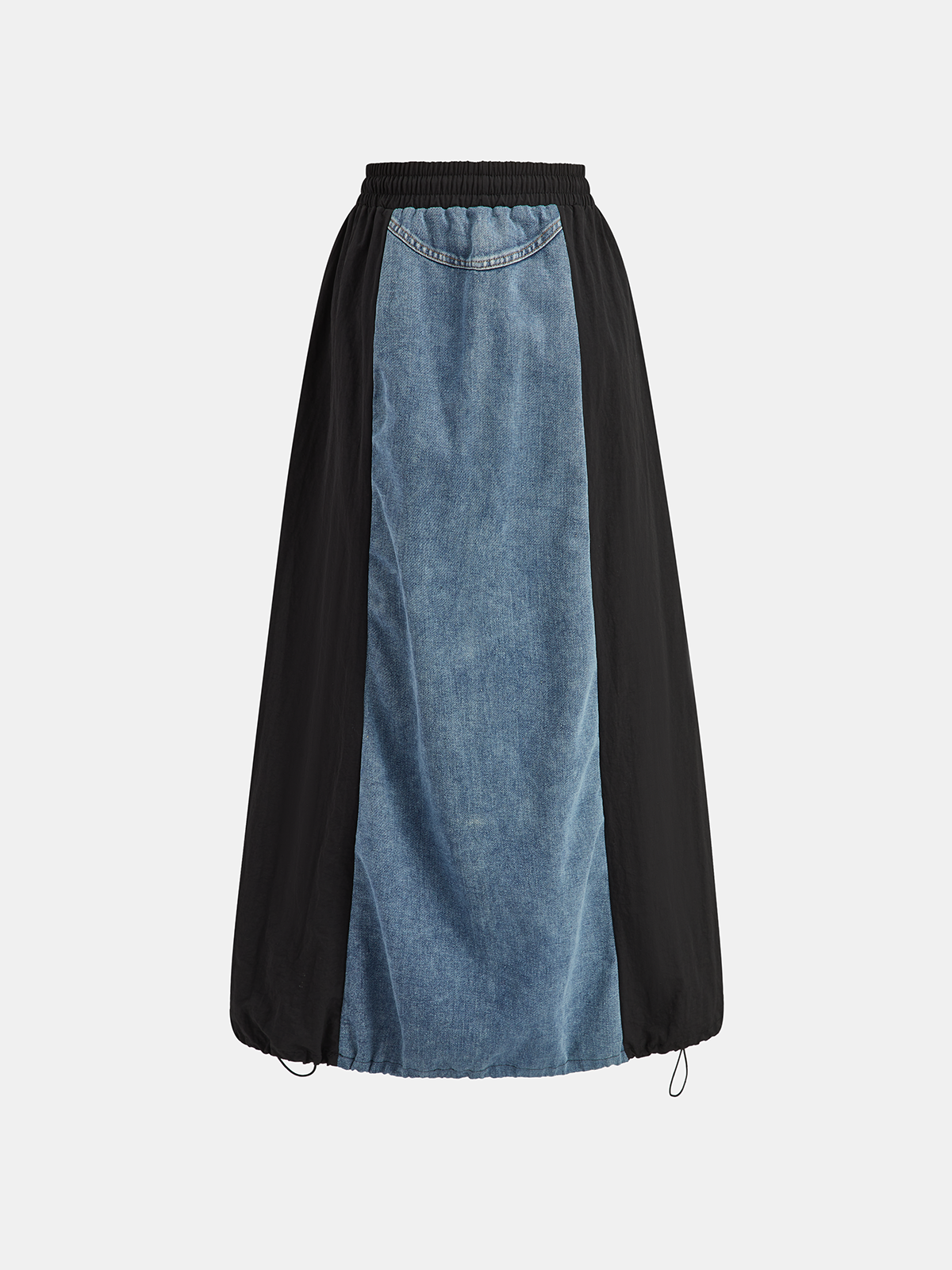 Denim Paneled Striped Drawstring Midi Skirt-Chicvia