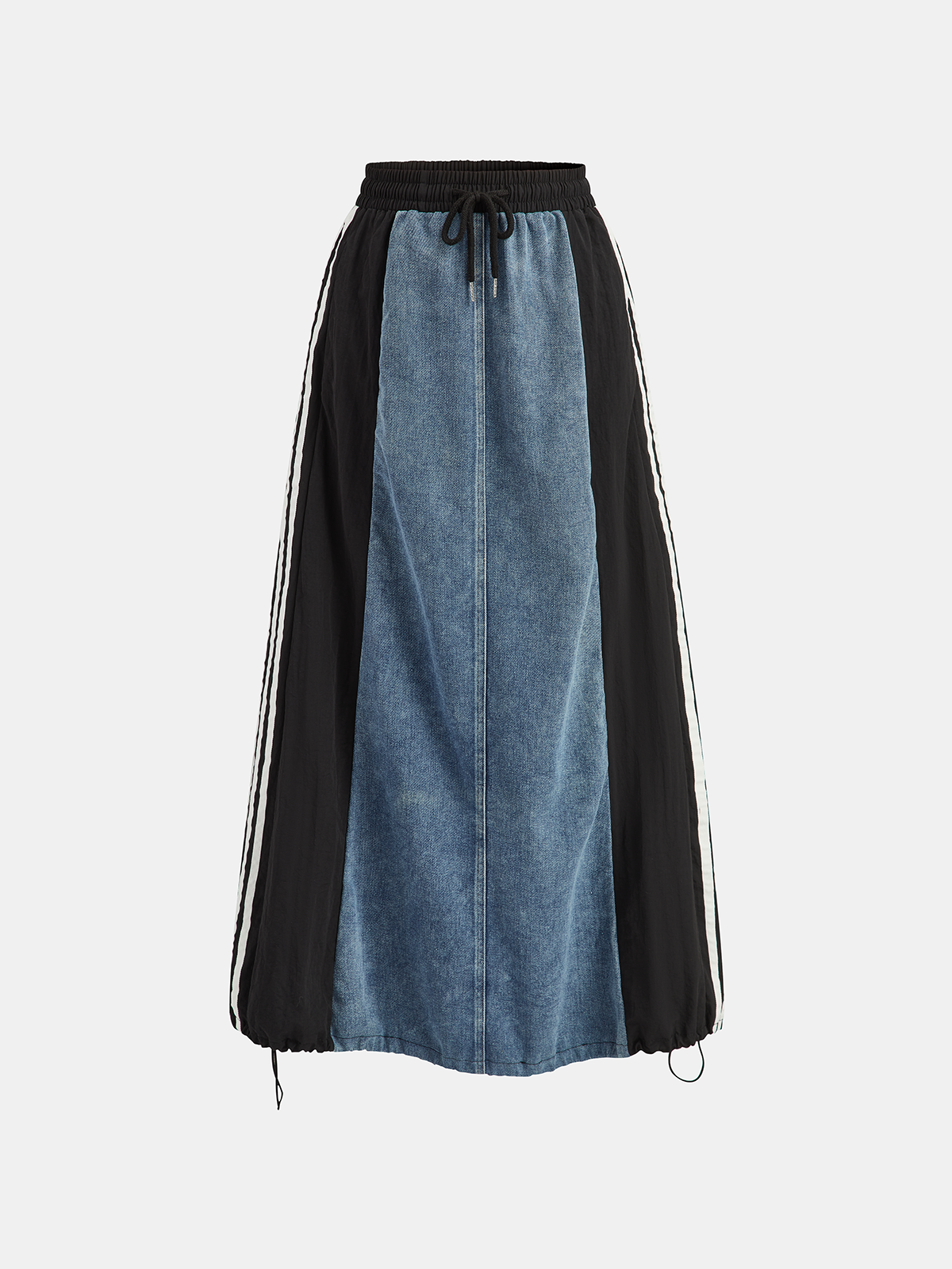 Denim Paneled Striped Drawstring Midi Skirt-Chicvia