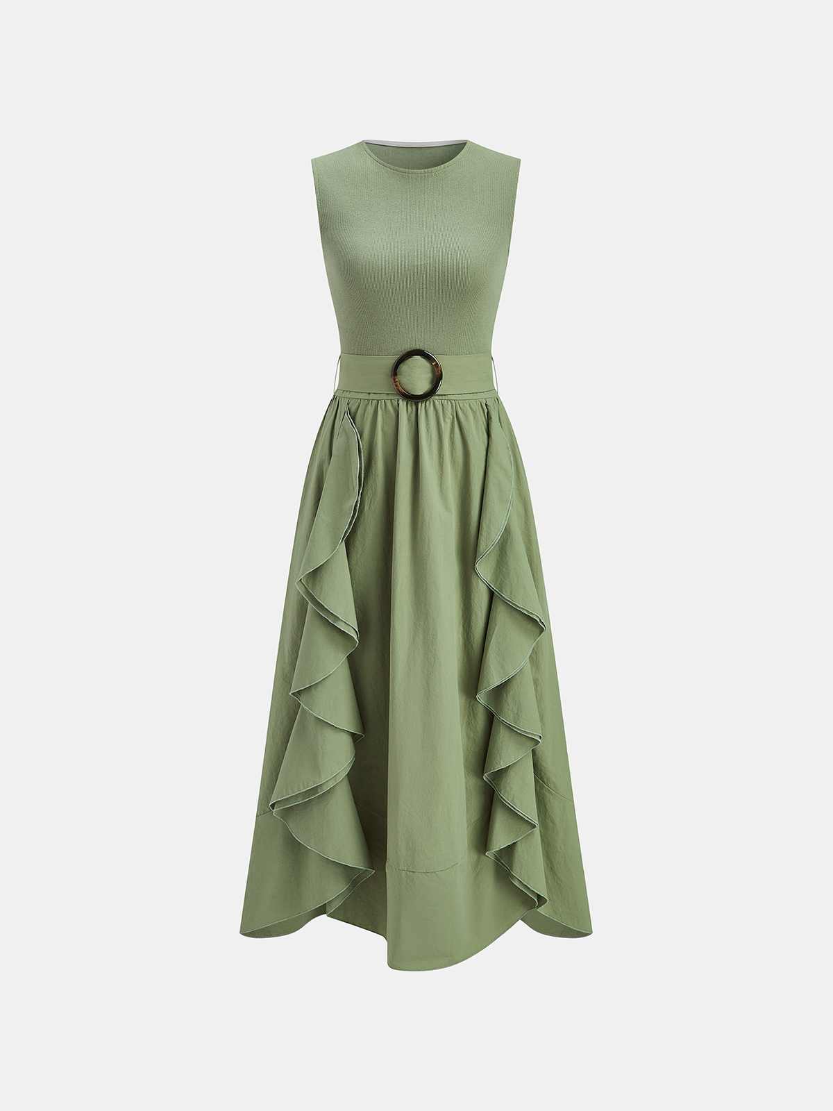 Cotton Blend Ruffled Belted Sleeveless Maxi Dress-Chicvia