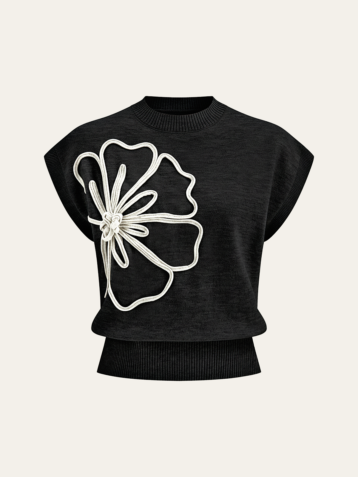 Flower Applique Cap Sleeve Knit Top-Chicvia