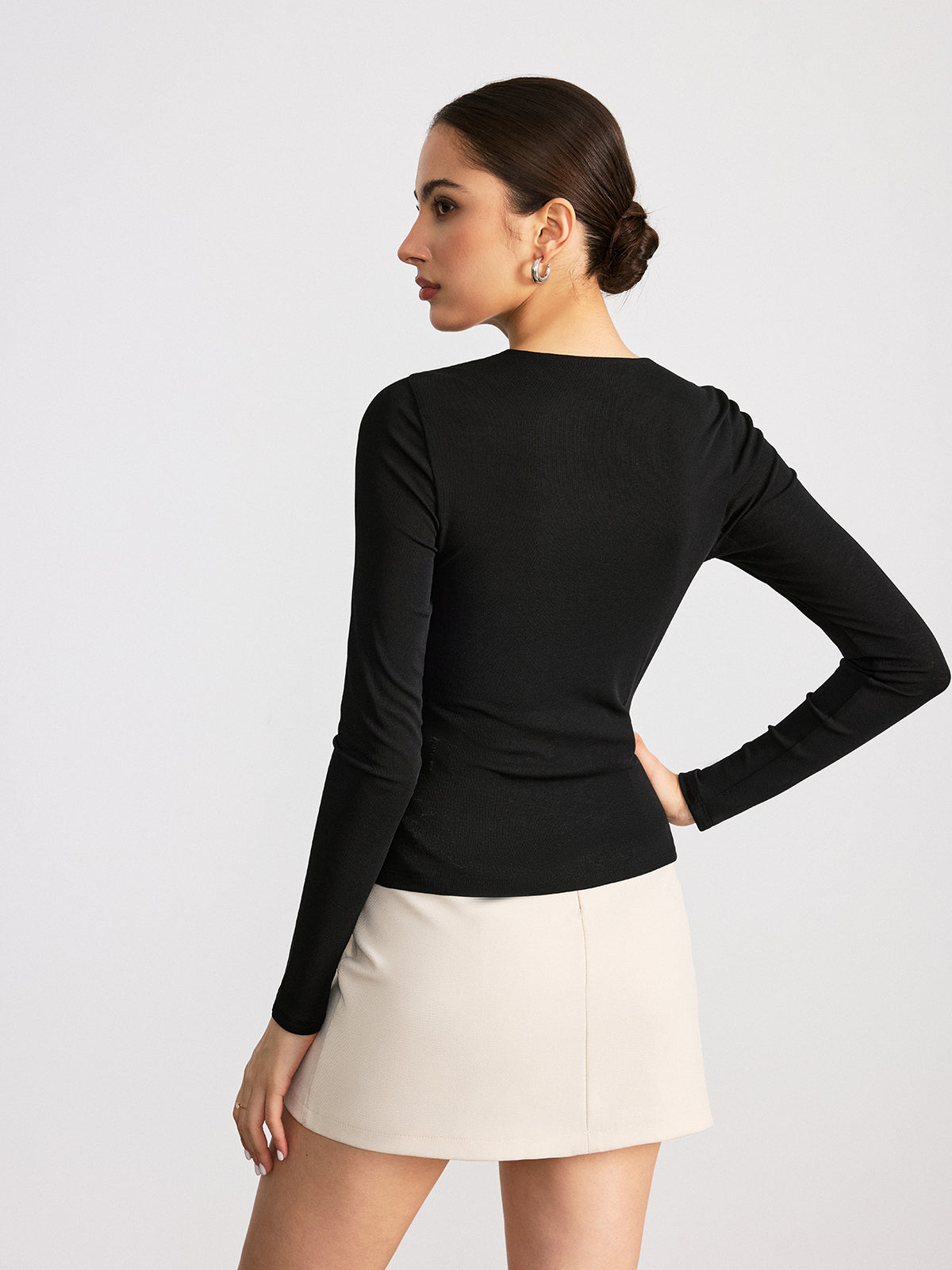 Keyhole Mandarin Button T-Shirt-Chicvia