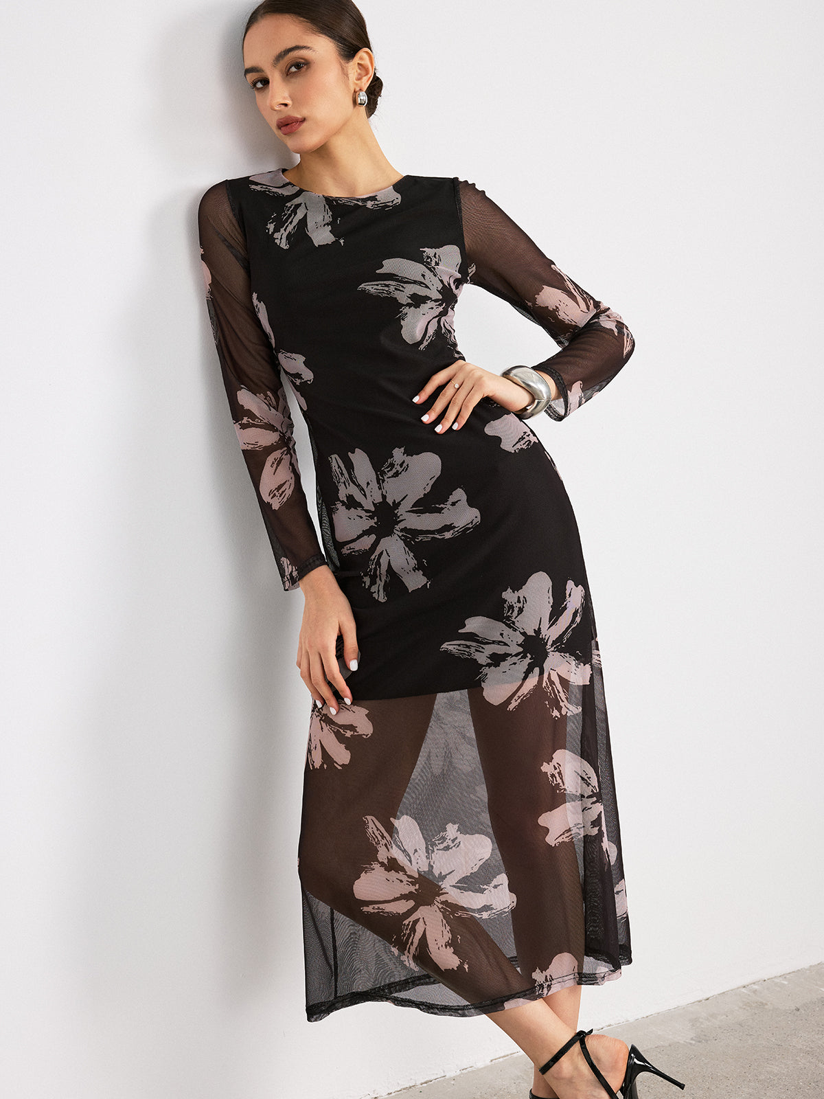 Floral Print Long Sleeve Maxi Dress-Chicvia