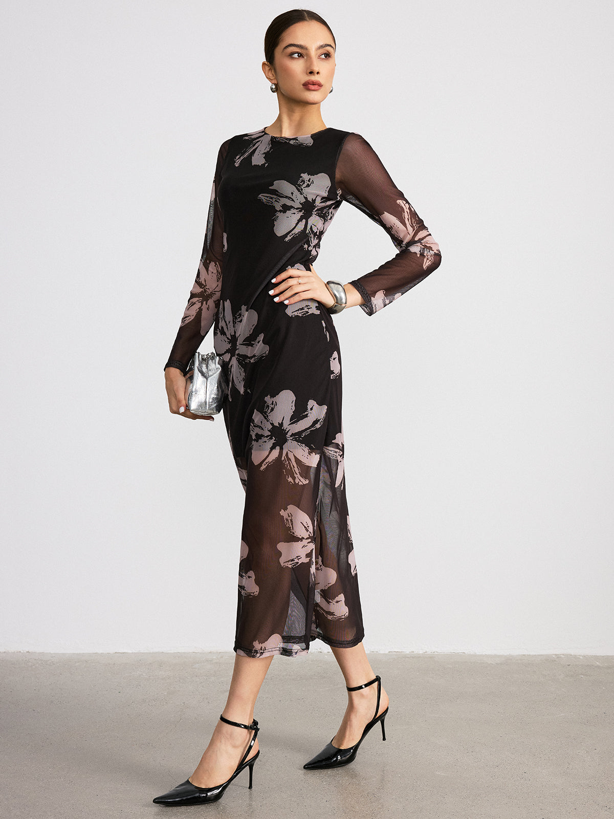 Floral Print Long Sleeve Maxi Dress-Chicvia