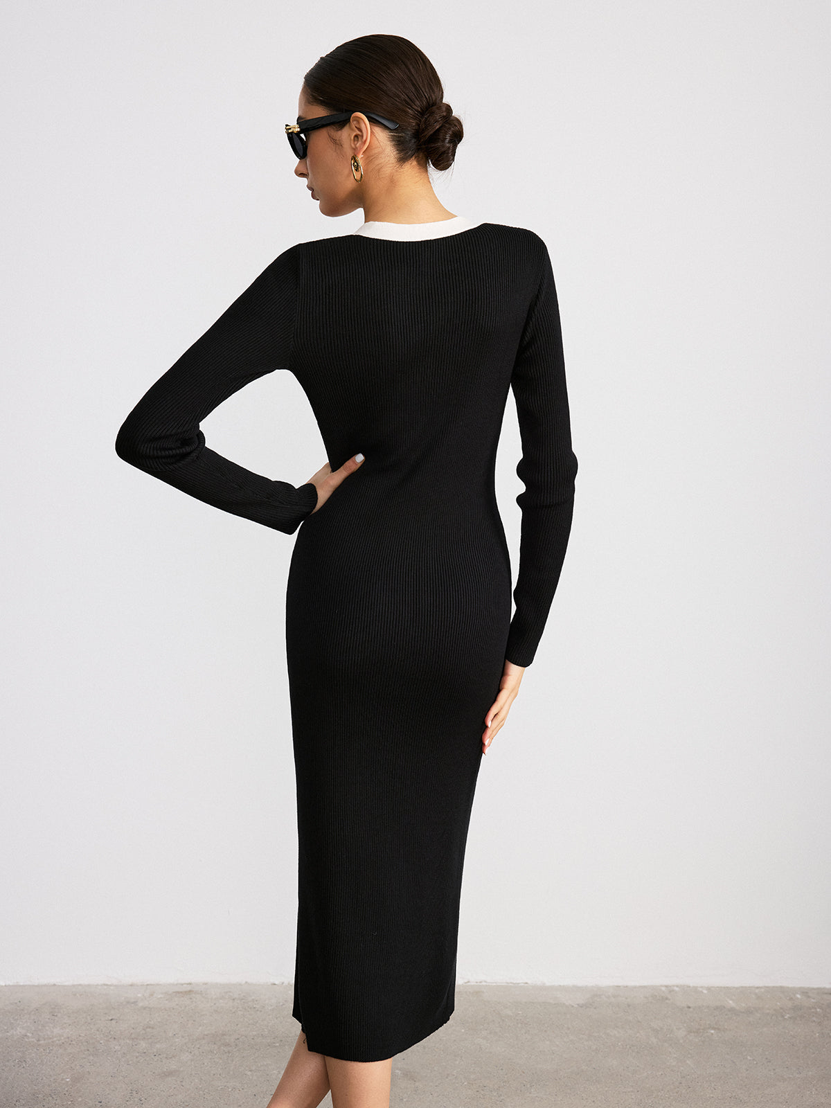 Contrast Trim V-Neck Knitted Slit Dress-Chicvia